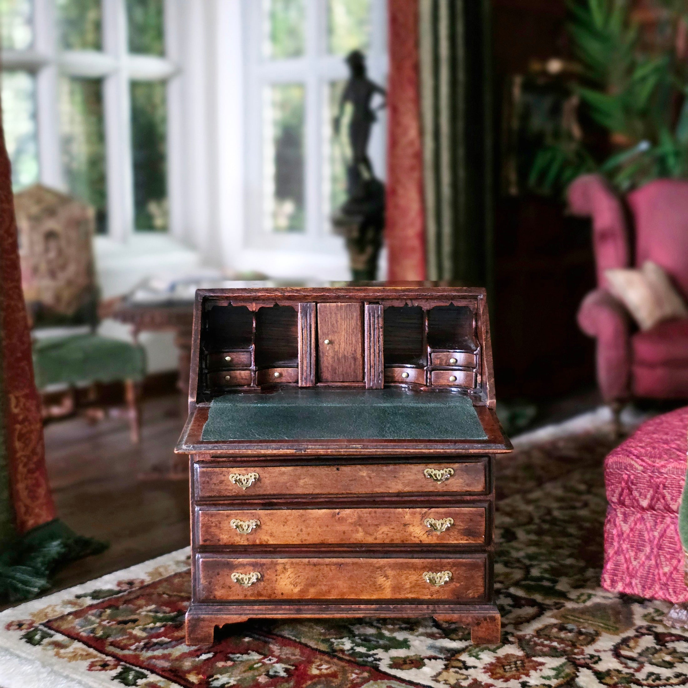 English George III Slant-Front Bureau Desk Artisan Made, 1:12 Scale