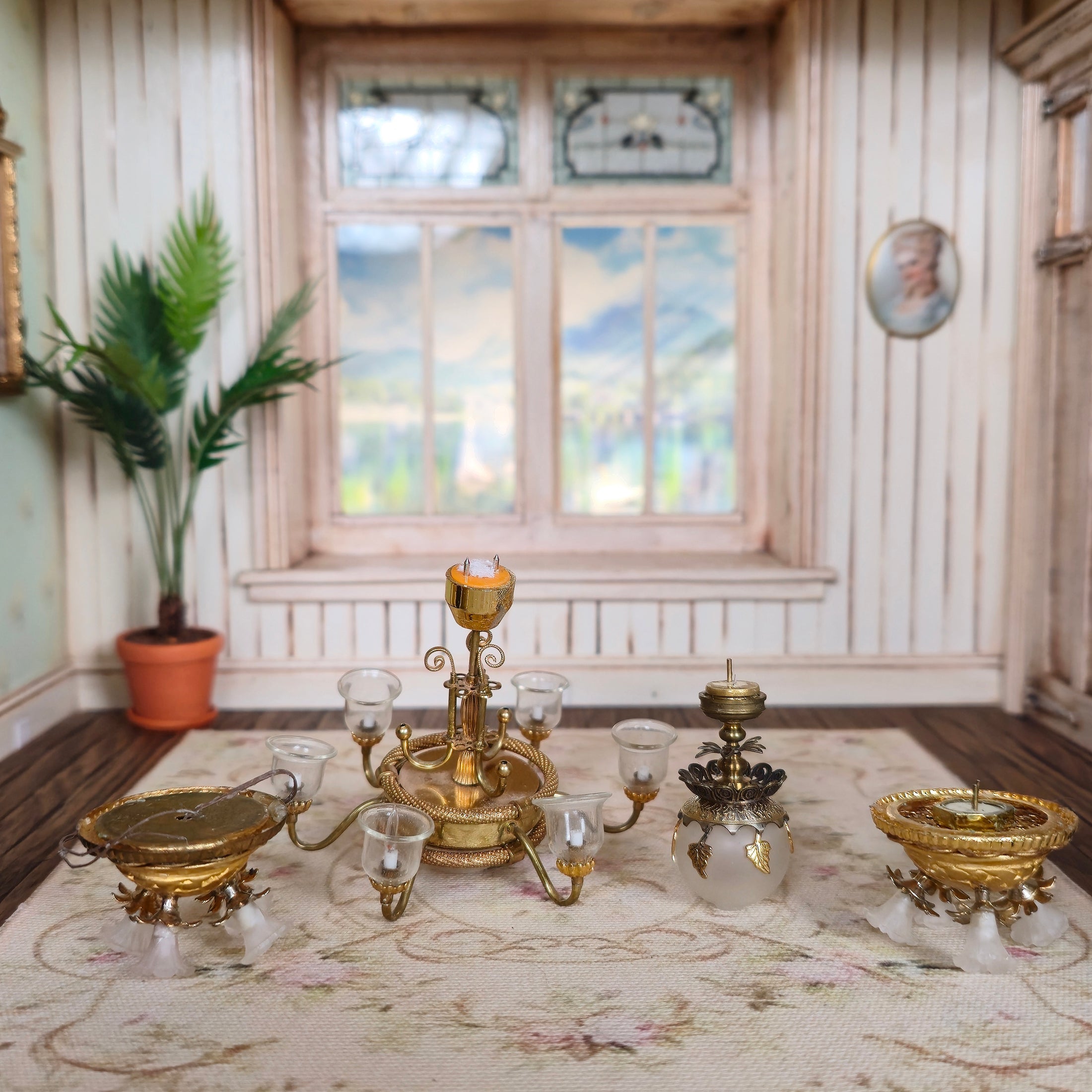 Vintage Artisan Electrified Dollhouse Ceiling Light Fixture Collection (Set of 4)