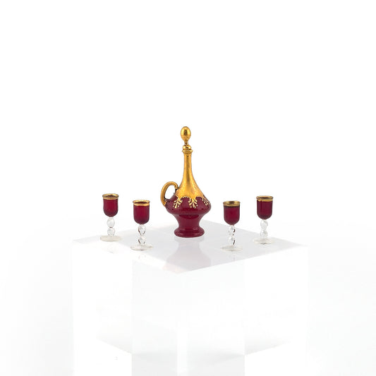 Francis Whittemore Ruby Venetian Glass Decanter & Goblet Set 24K Gold