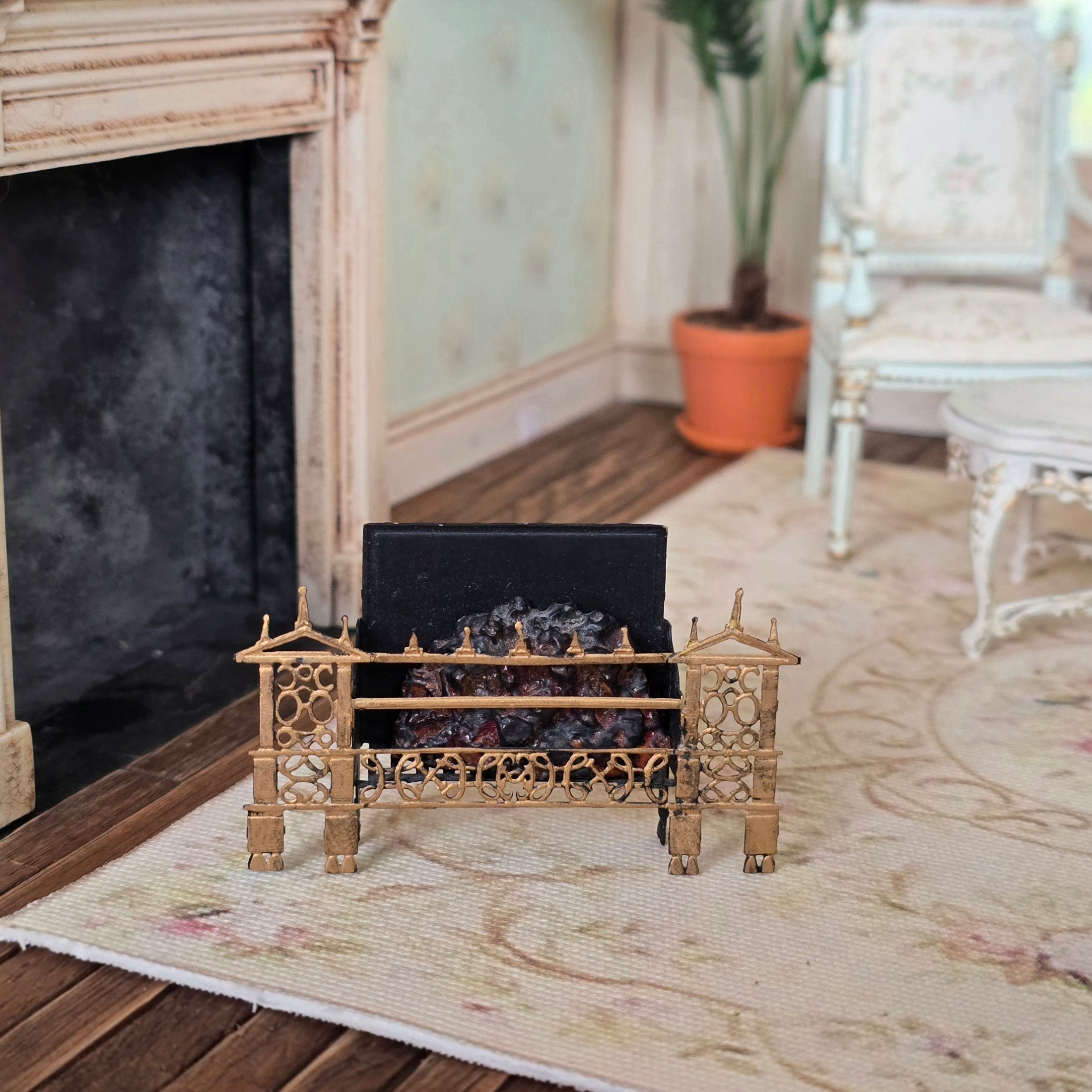 Vintage Gothic Brass Fireplace Fire Grate with Removable Coals