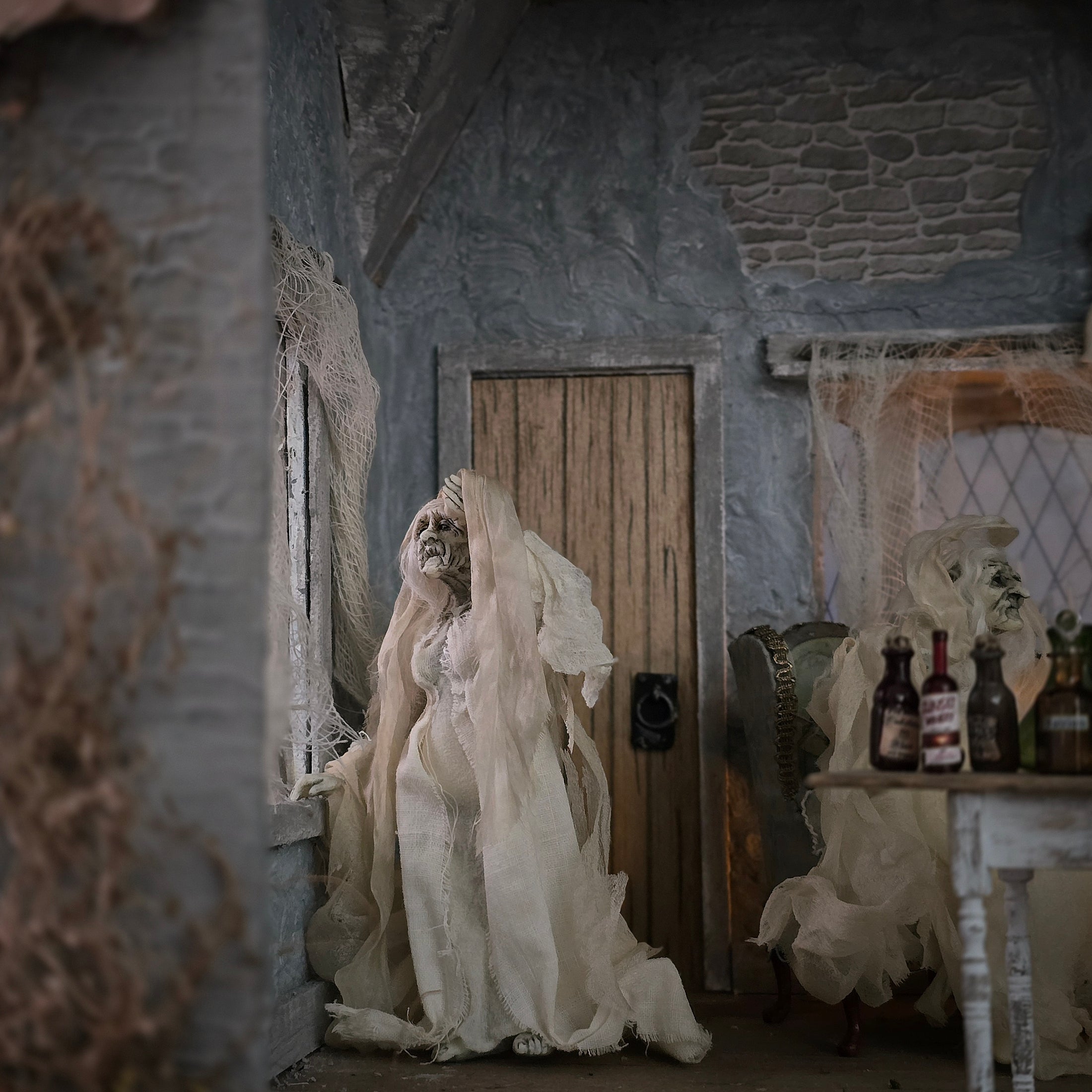 Eerie Ghost Witch Grandmother Sculpted Clay Dollhouse Doll