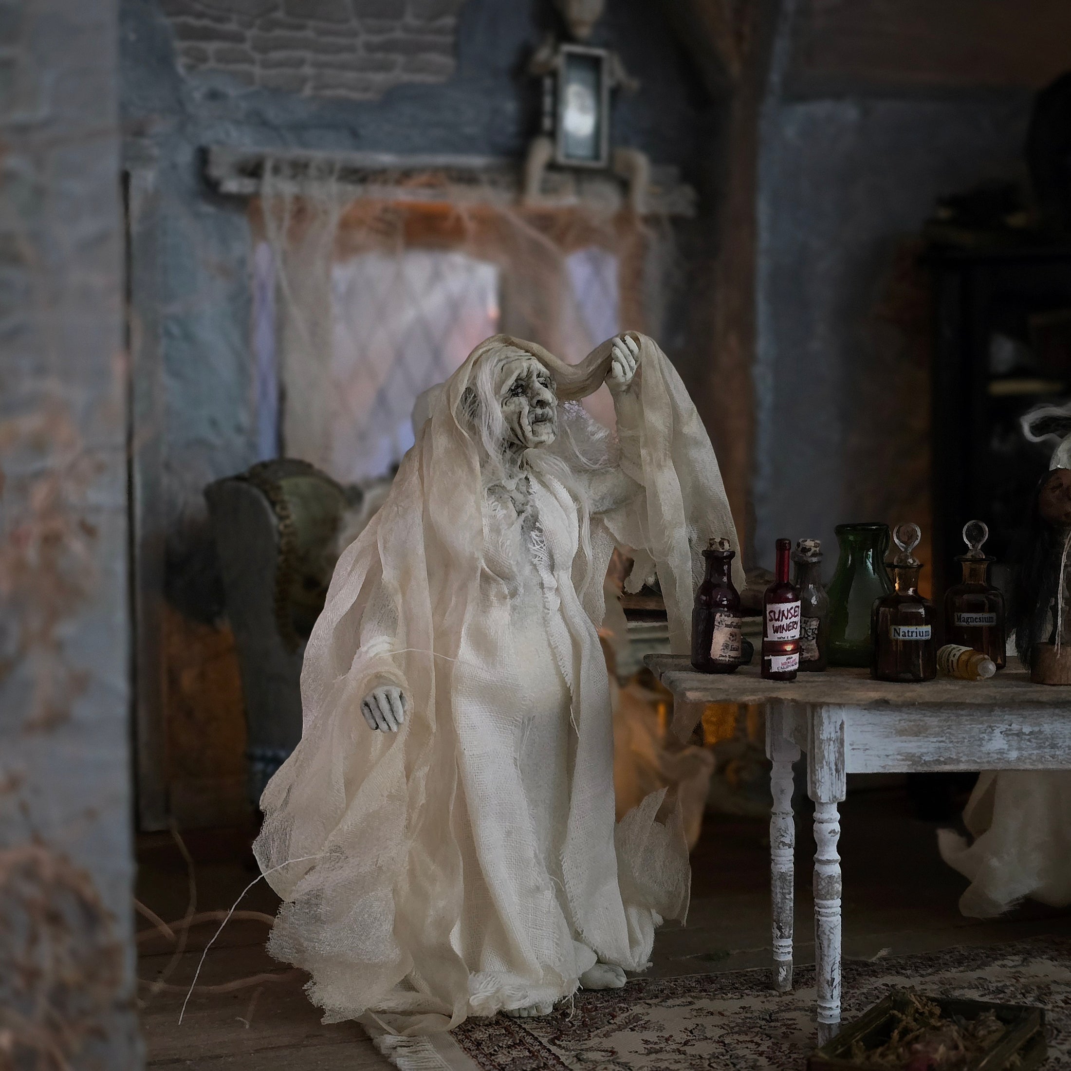 Eerie Ghost Witch Grandmother Sculpted Clay Dollhouse Doll