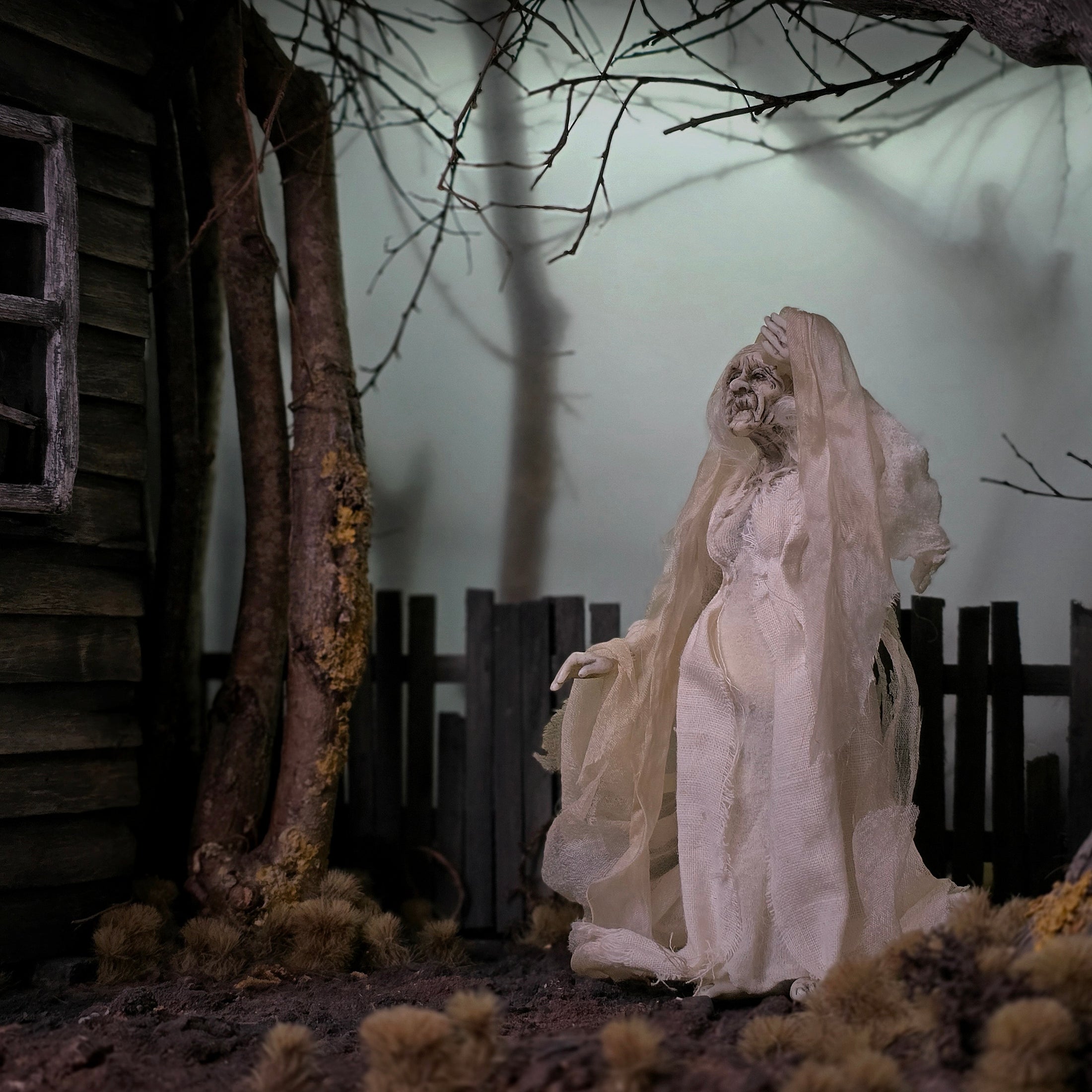 Eerie Ghost Witch Grandmother Sculpted Clay Dollhouse Doll
