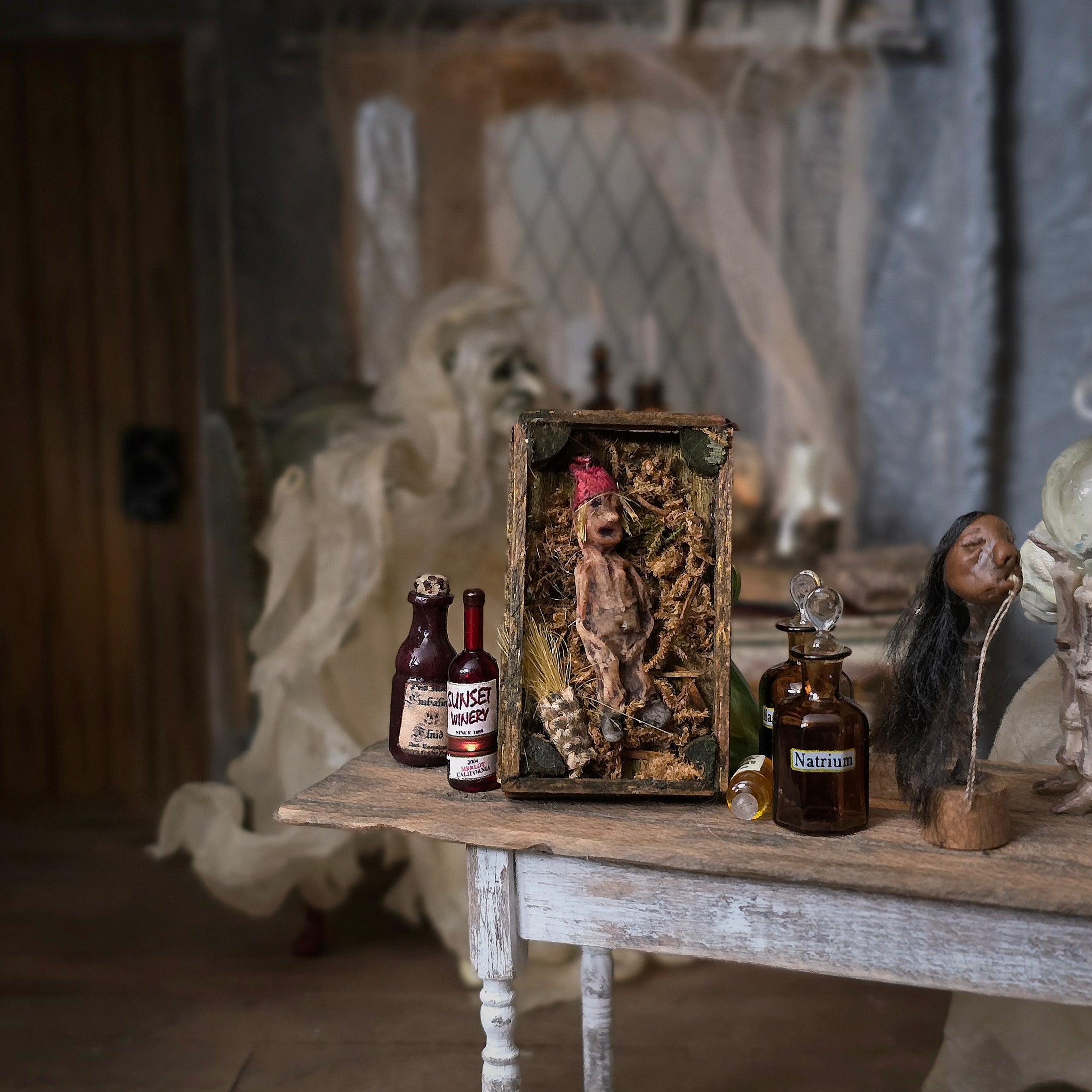 Mysterious Dead Elf or Garden Gnome in Wooden Specimen Box