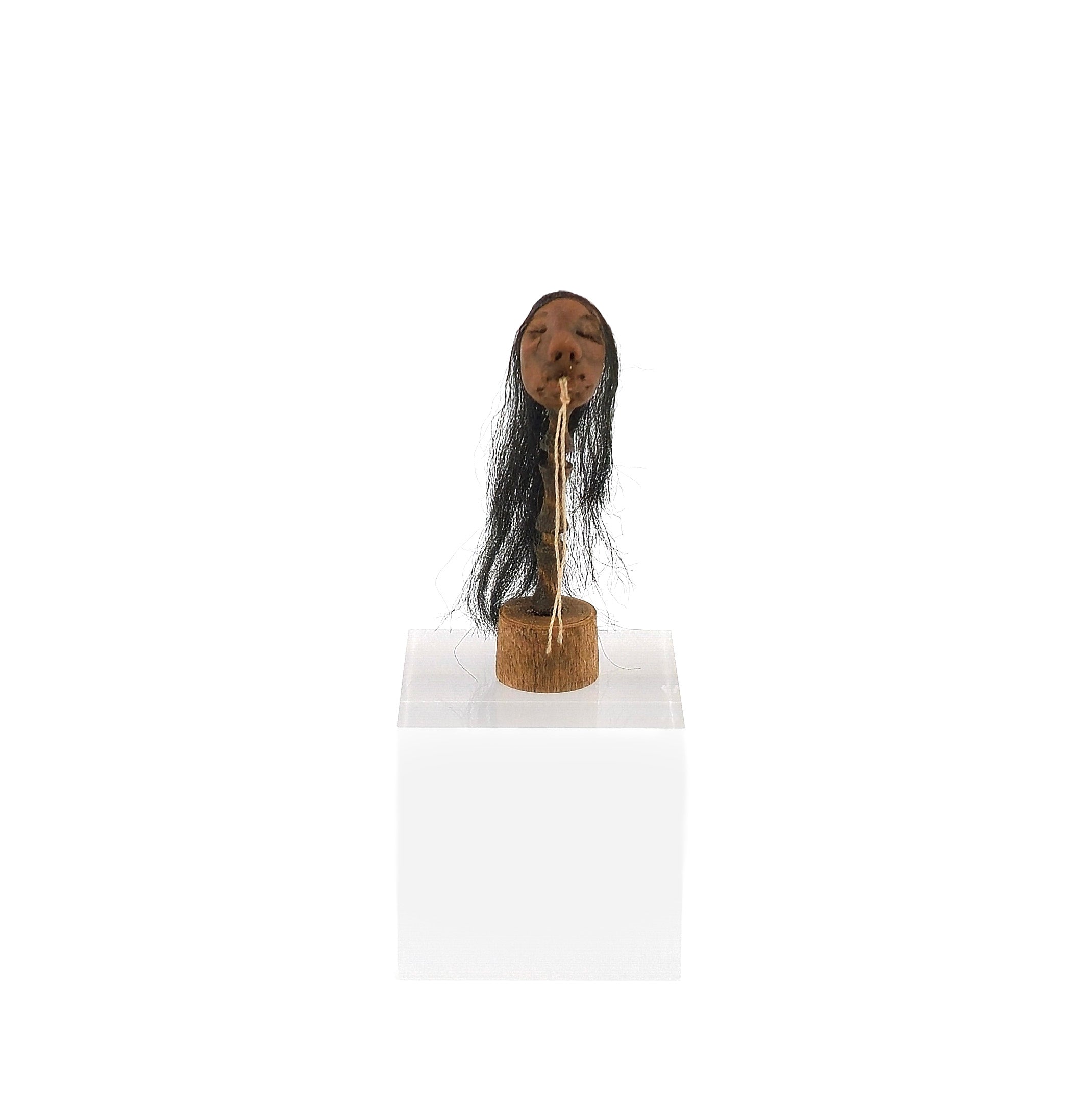 Signed Shrunken Head with Real Hair on Wooden Stand Curiosity Display