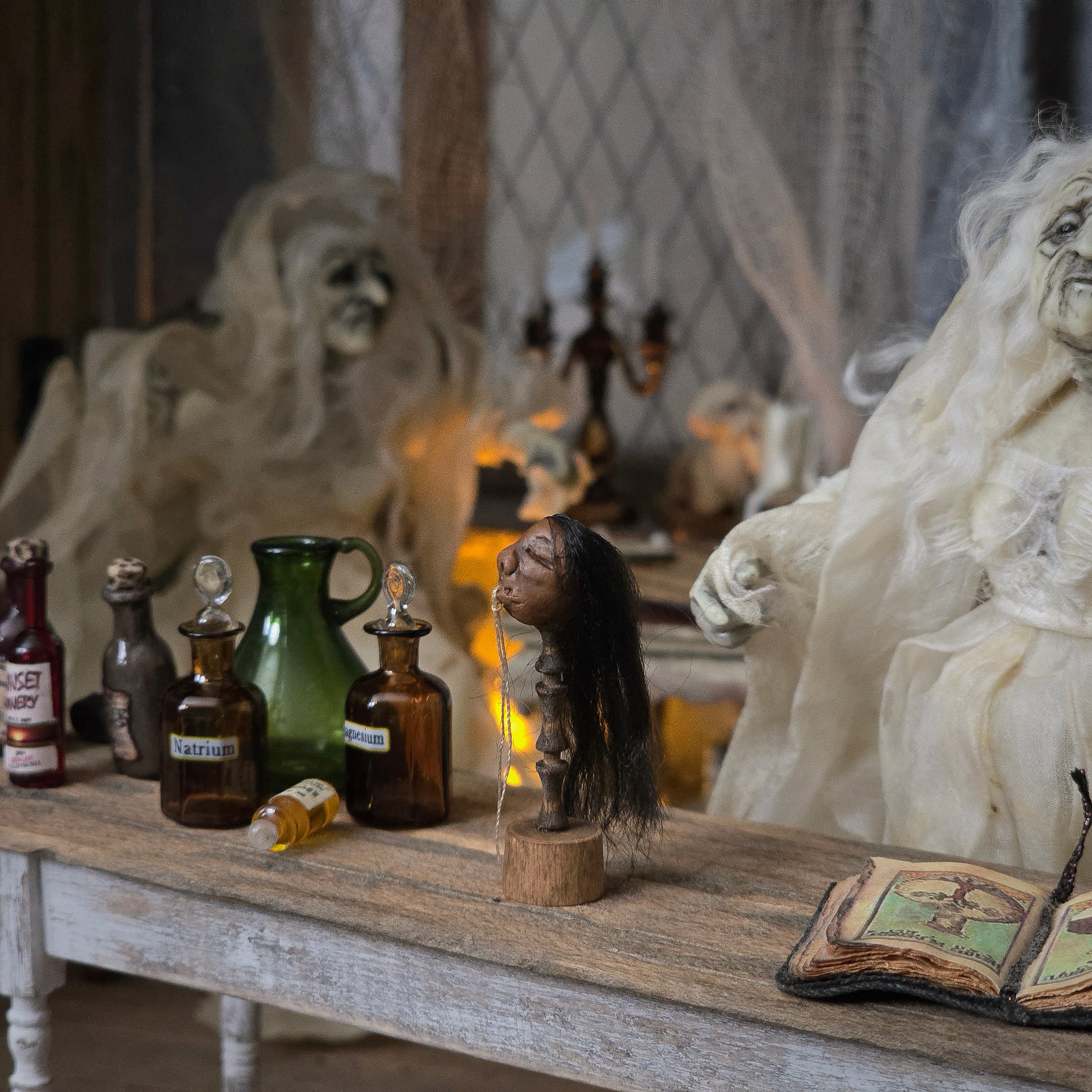 Signed Shrunken Head with Real Hair on Wooden Stand Curiosity Display