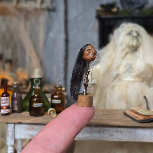 Signed Shrunken Head with Real Hair on Wooden Stand Curiosity Display