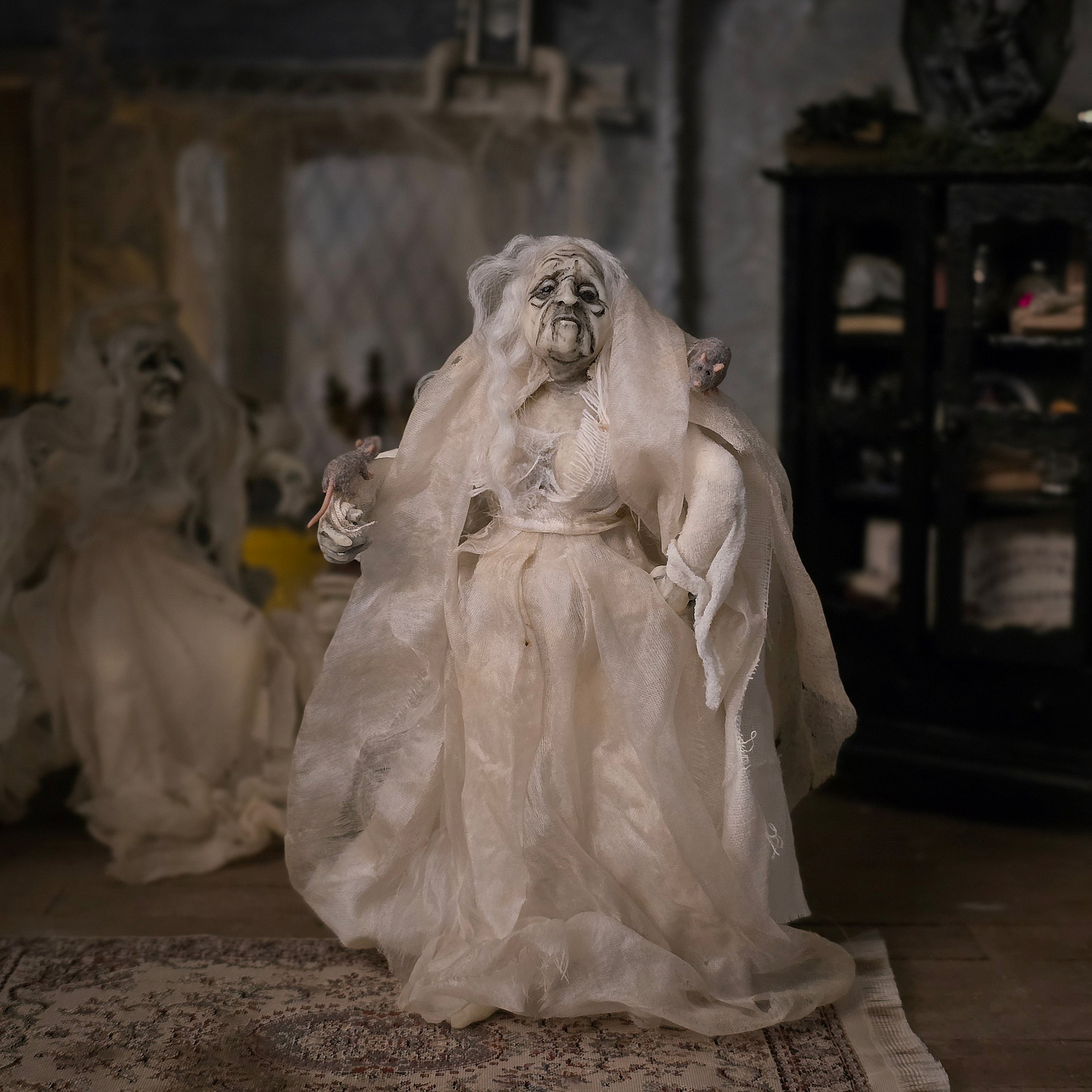 OOAK Elderly Ghost Witch in Flowing Silk Robes Clay Dollhouse Doll