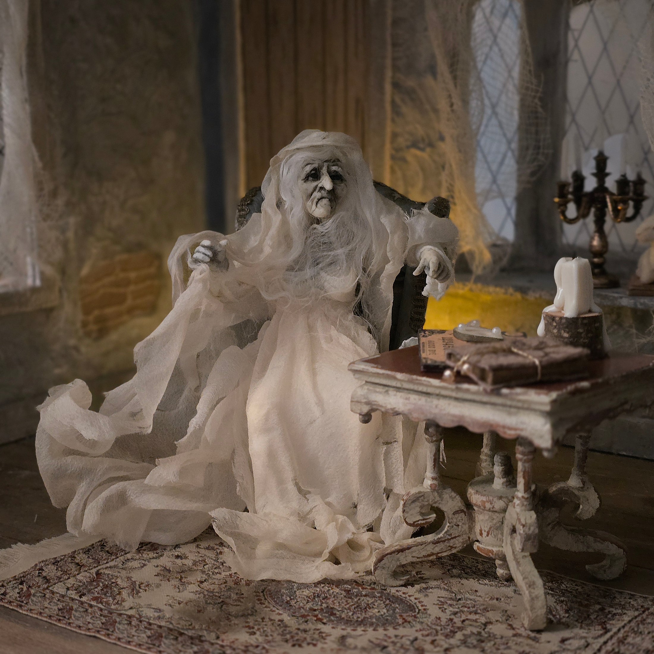 OOAK Seated or Flying Ghost Witch in Flowing Silk Robes Dollhouse Doll