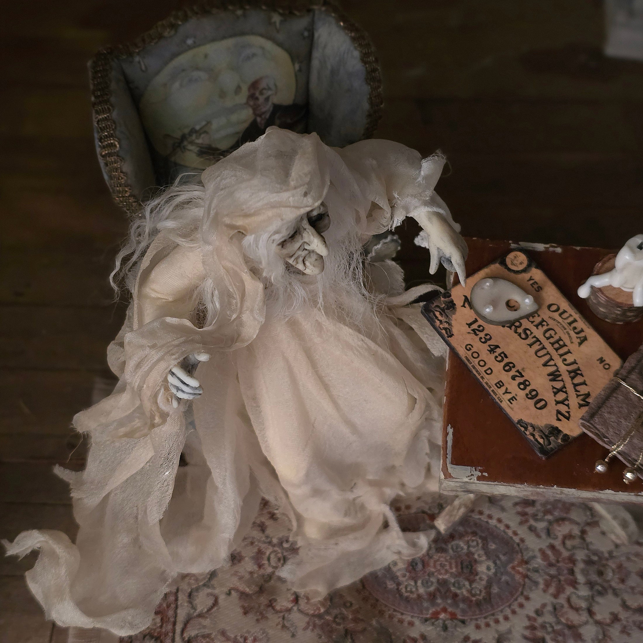 OOAK Seated or Flying Ghost Witch in Flowing Silk Robes Dollhouse Doll