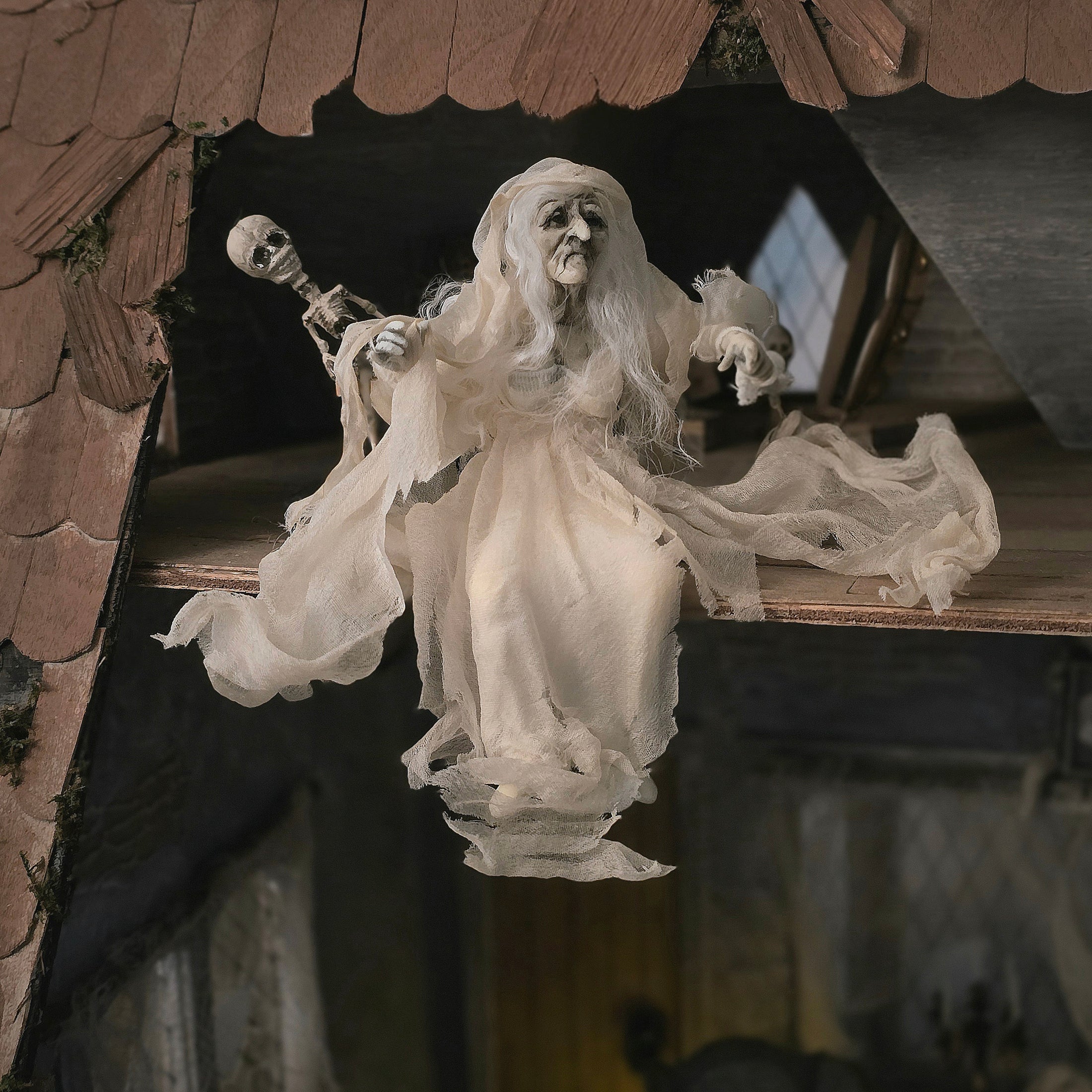 OOAK Seated or Flying Ghost Witch in Flowing Silk Robes Dollhouse Doll