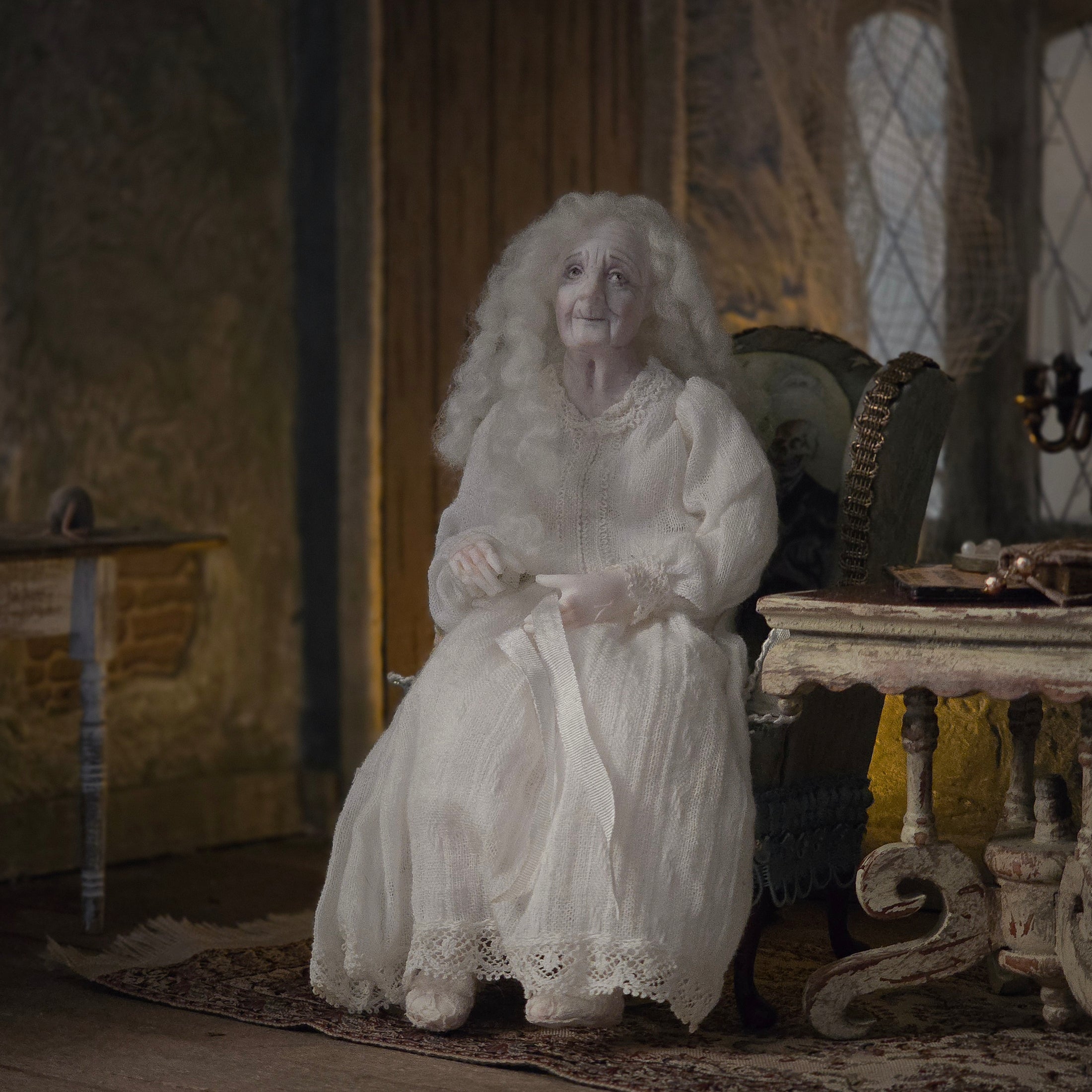 Julie Campbell Long-Haired Grandmother Ghost Seated Clay Dollhouse Doll