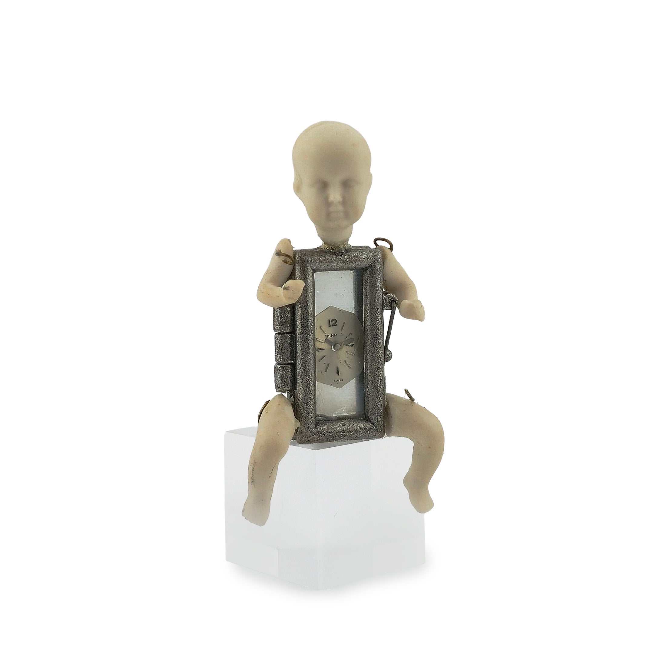 Curiosity Clock-Faced Bisque Doll Oddity Assemblage in 1:12 Scale