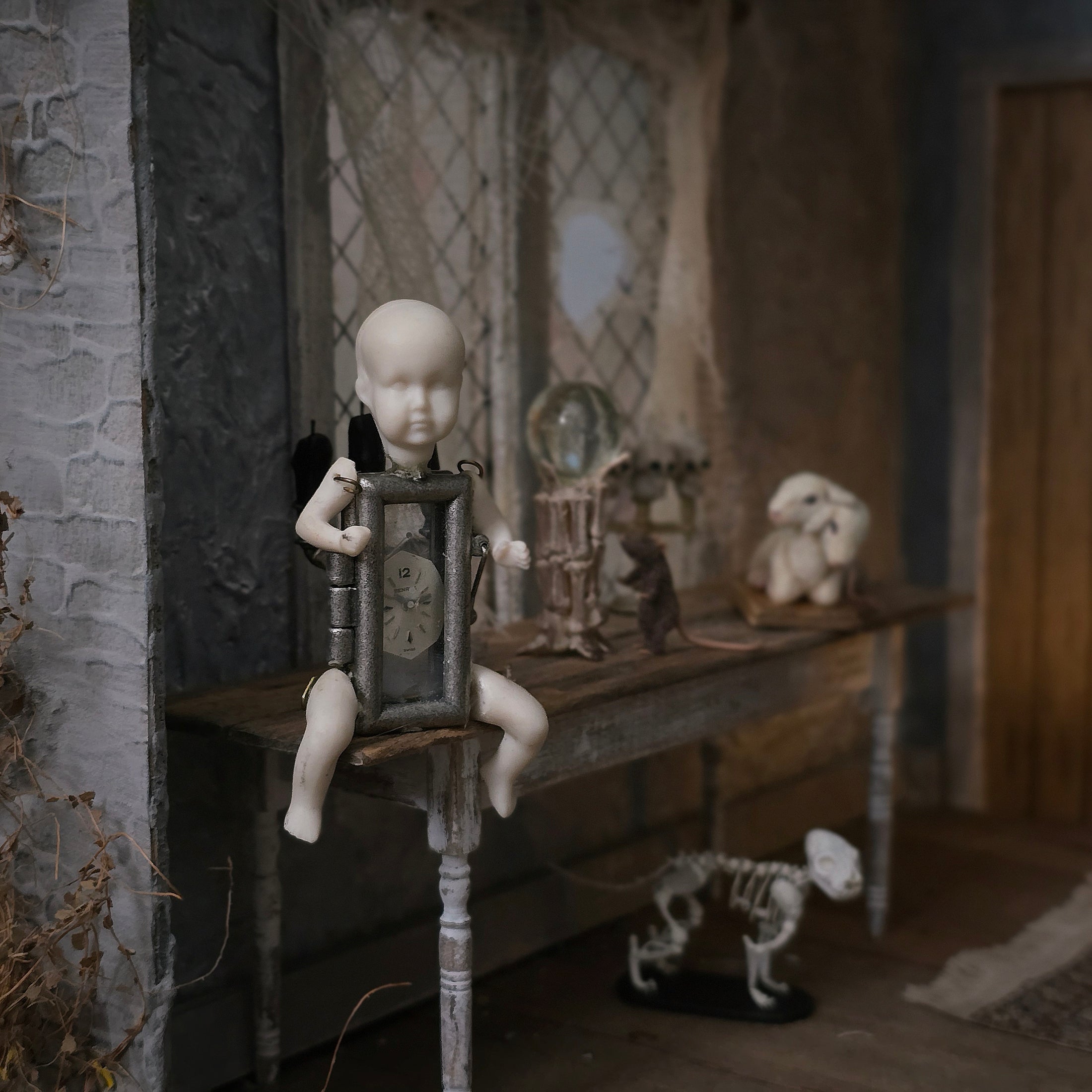 Curiosity Clock-Faced Bisque Doll Oddity Assemblage in 1:12 Scale