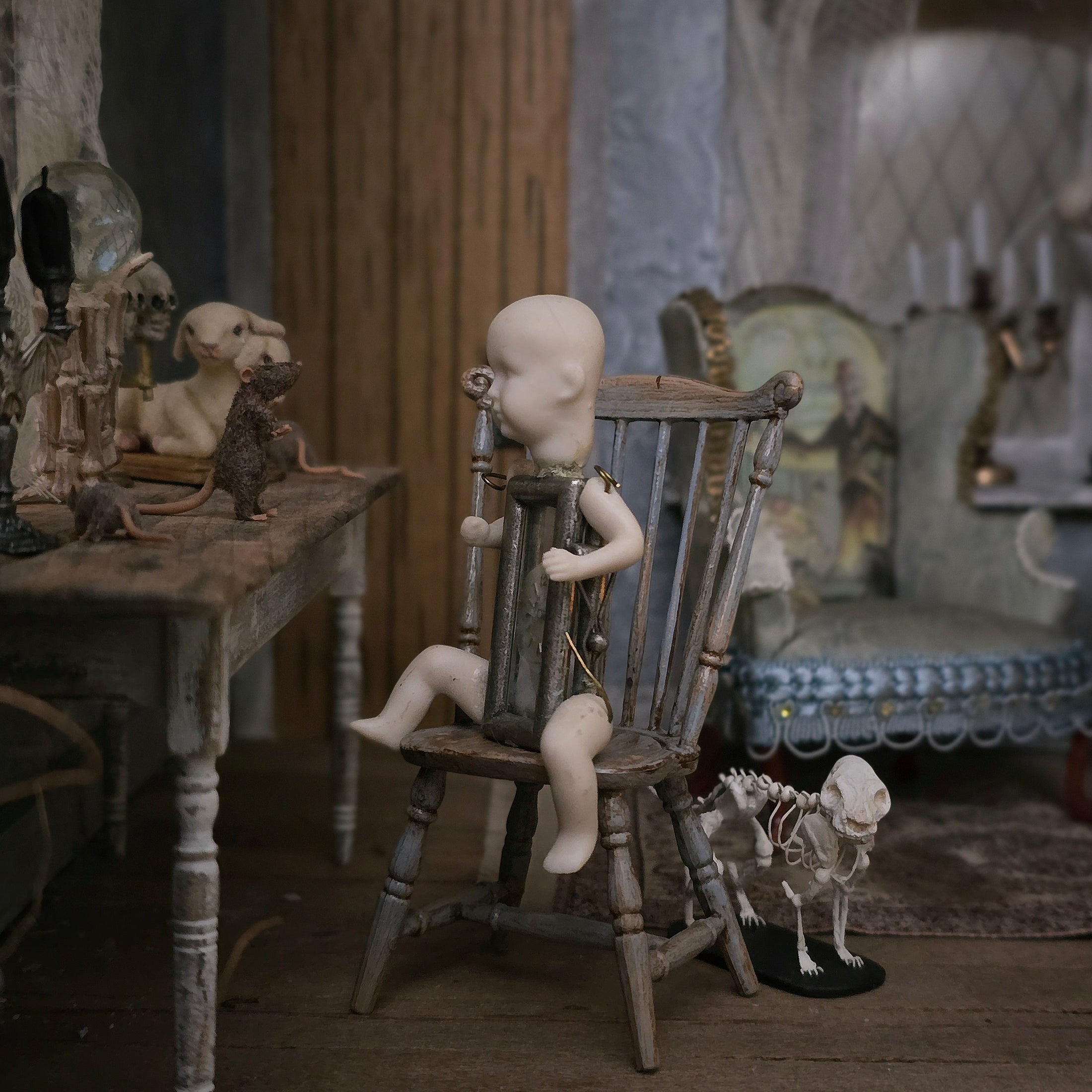 Curiosity Clock-Faced Bisque Doll Oddity Assemblage in 1:12 Scale