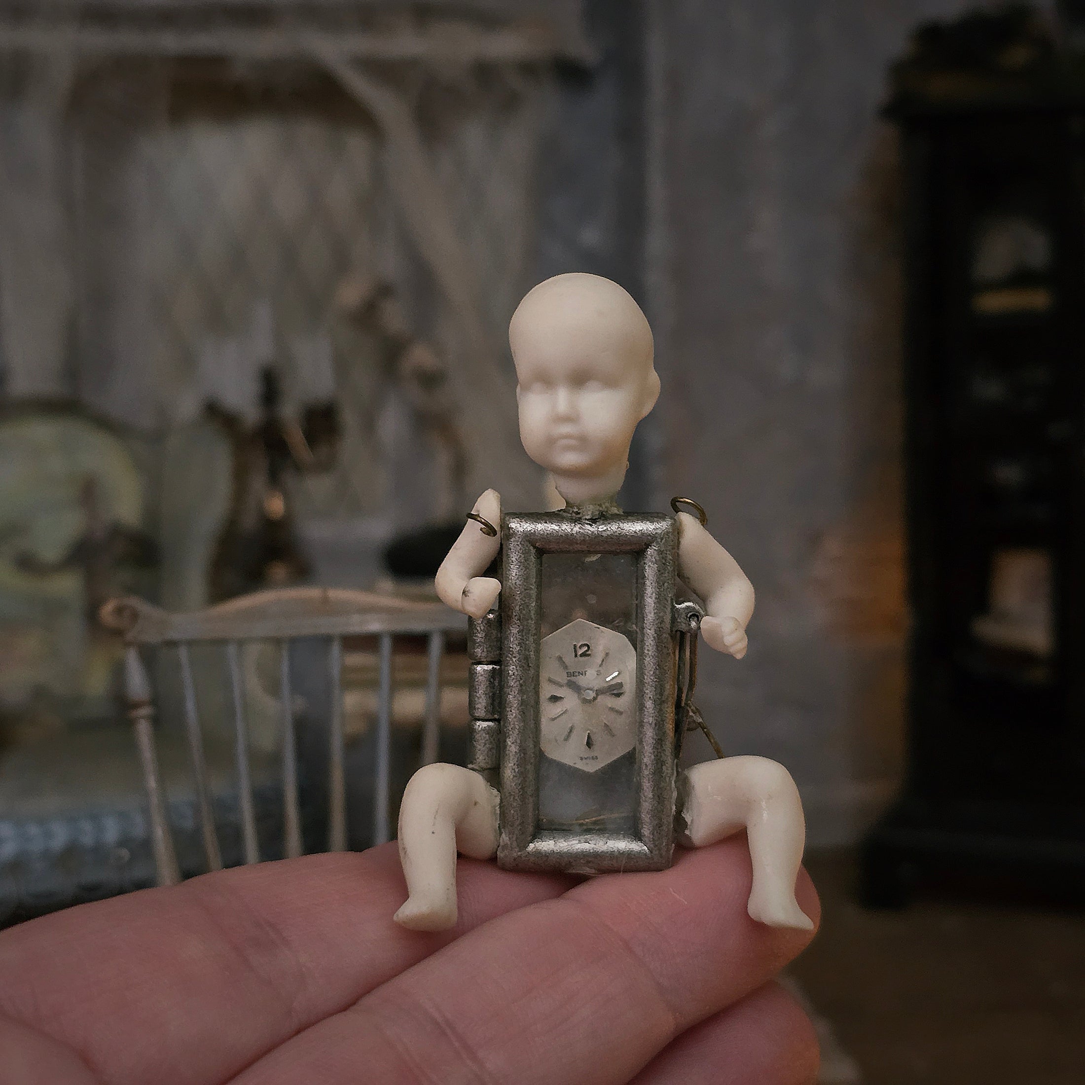 Curiosity Clock-Faced Bisque Doll Oddity Assemblage in 1:12 Scale