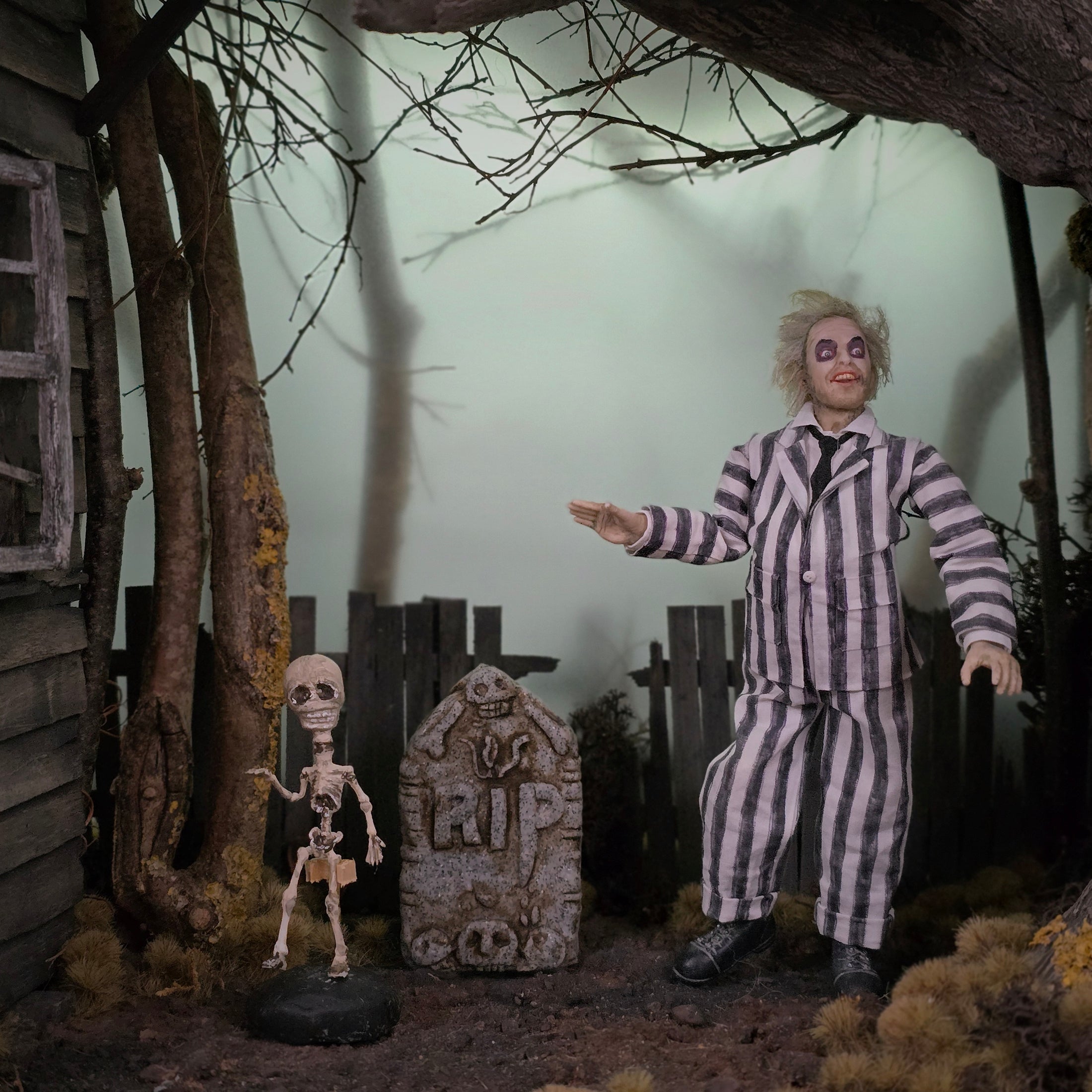 Clay Oddities Skeleton on Black Display Base Spooky Decor in 1:12 Scale