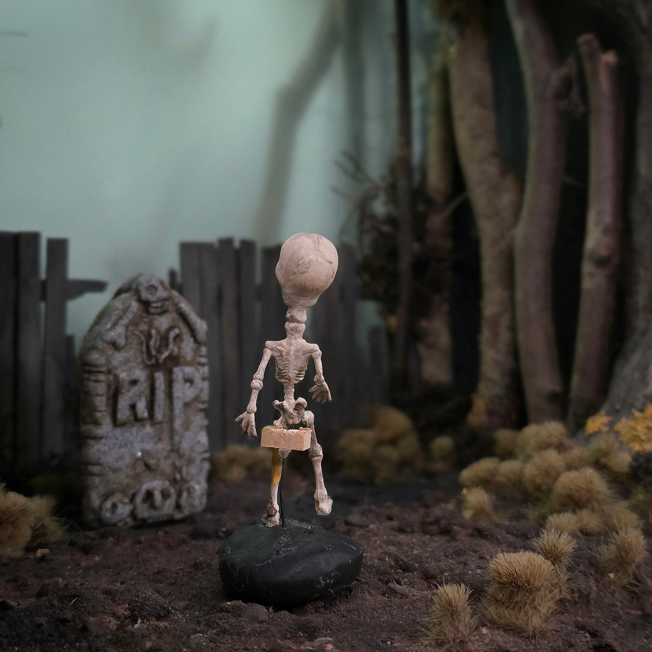 Clay Oddities Skeleton on Black Display Base Spooky Decor in 1:12 Scale