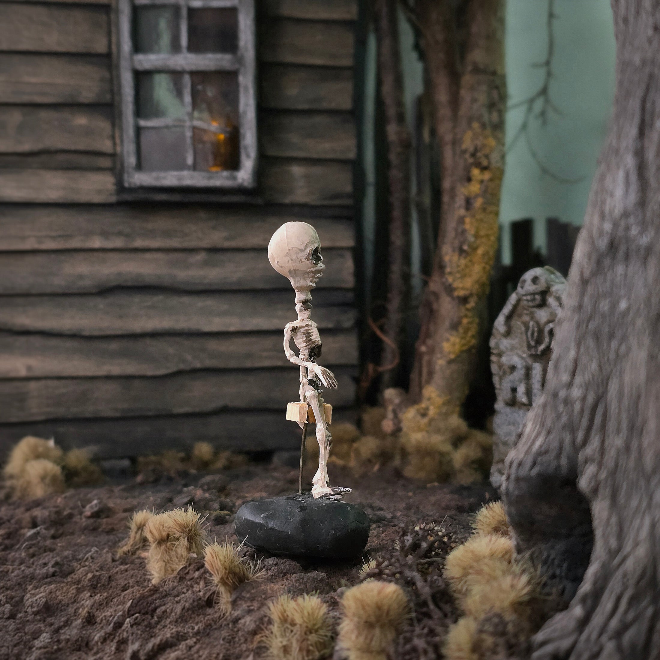 Clay Oddities Skeleton on Black Display Base Spooky Decor in 1:12 Scale