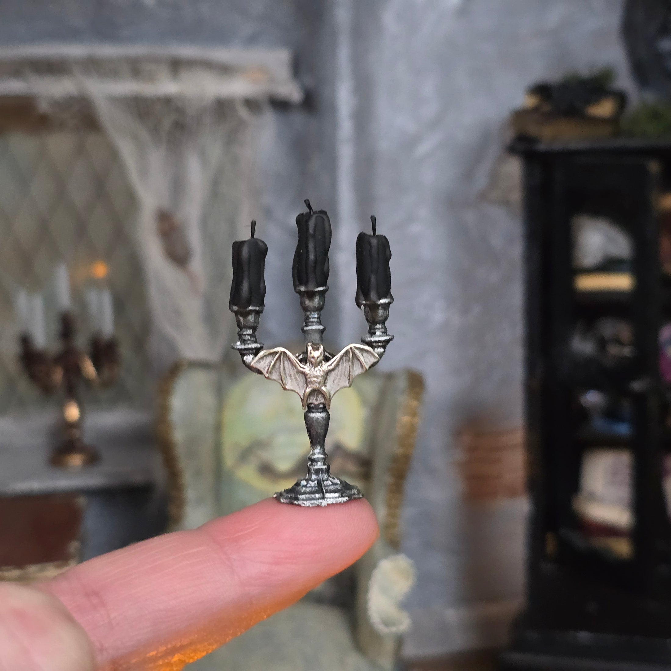 Gothic Bat Candelabra Pair with Black Candles 1:12 Scale