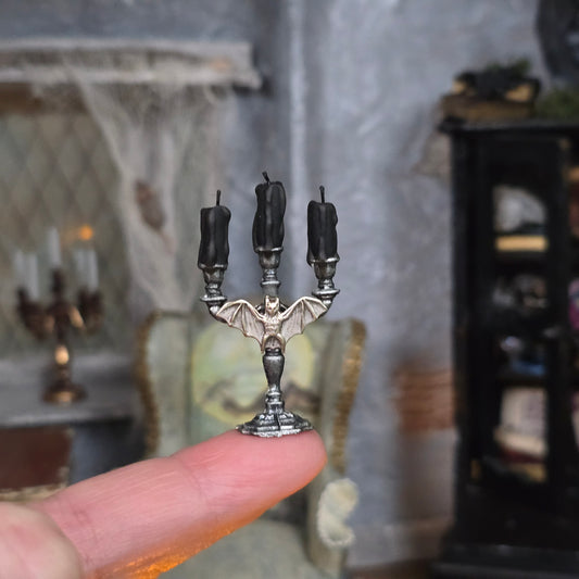 Gothic Bat Candelabra Pair with Black Candles 1:12 Scale