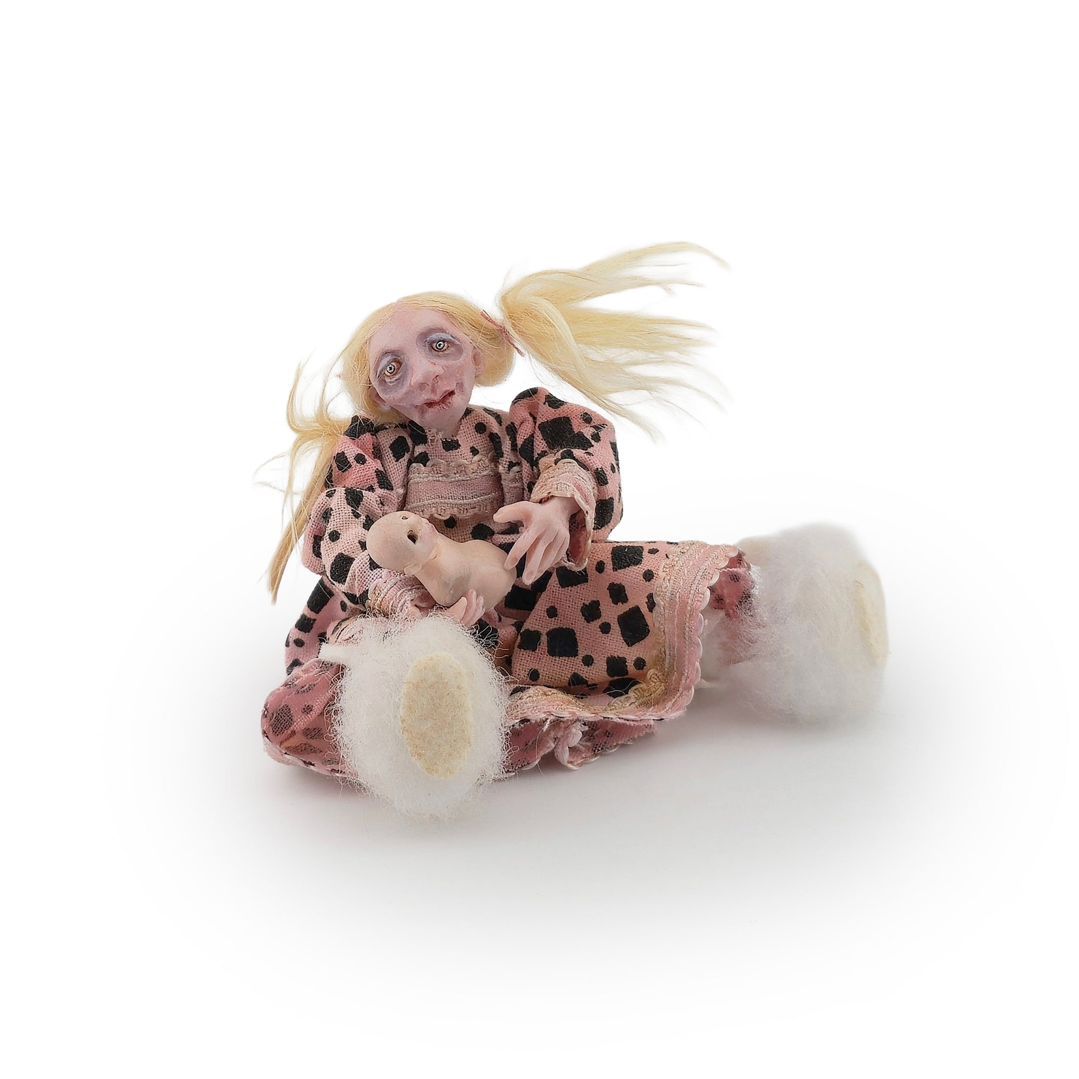 Spooky Seated Little Girl Dollhouse Doll with Strange Baby Dolly OOAK