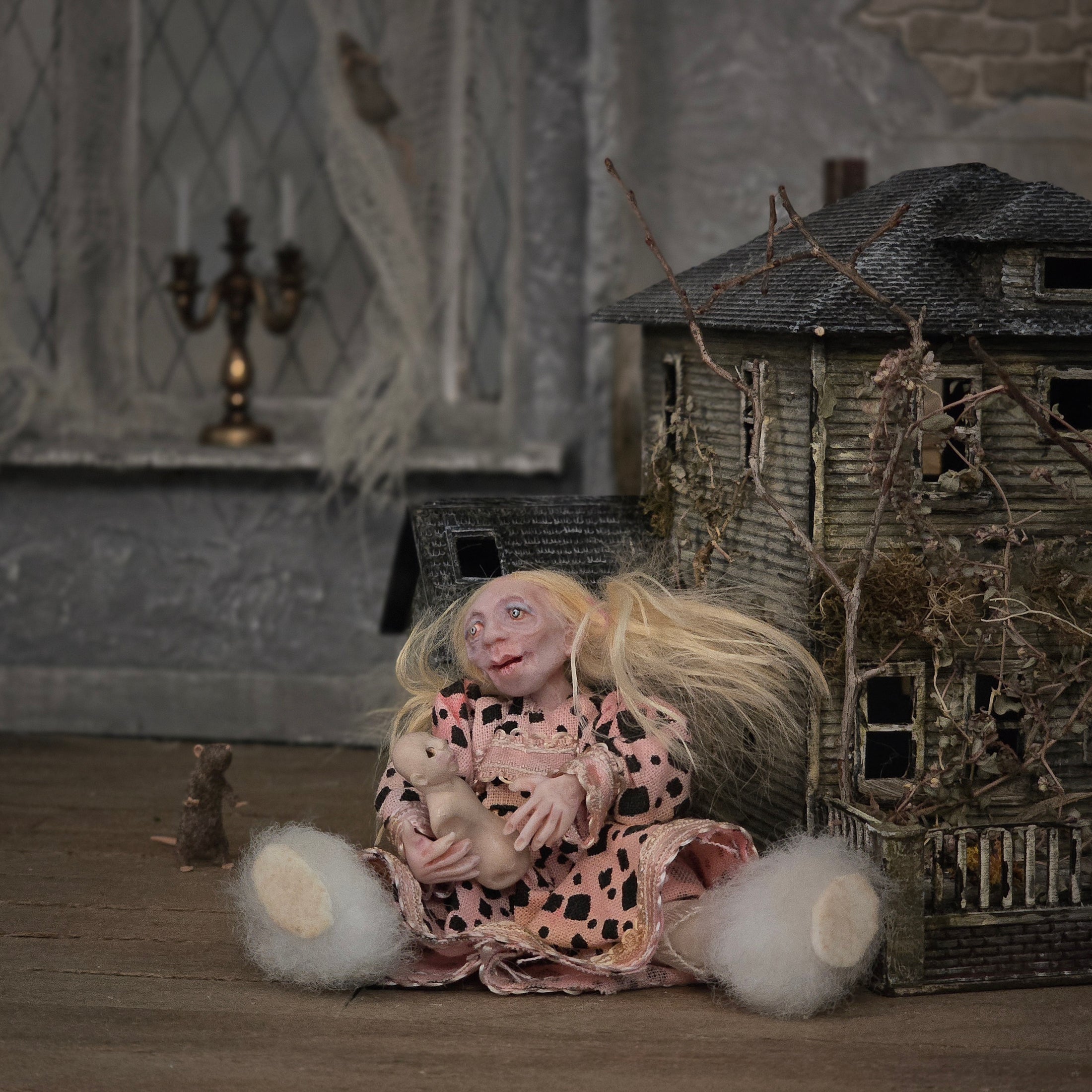 Spooky Seated Little Girl Dollhouse Doll with Strange Baby Dolly OOAK