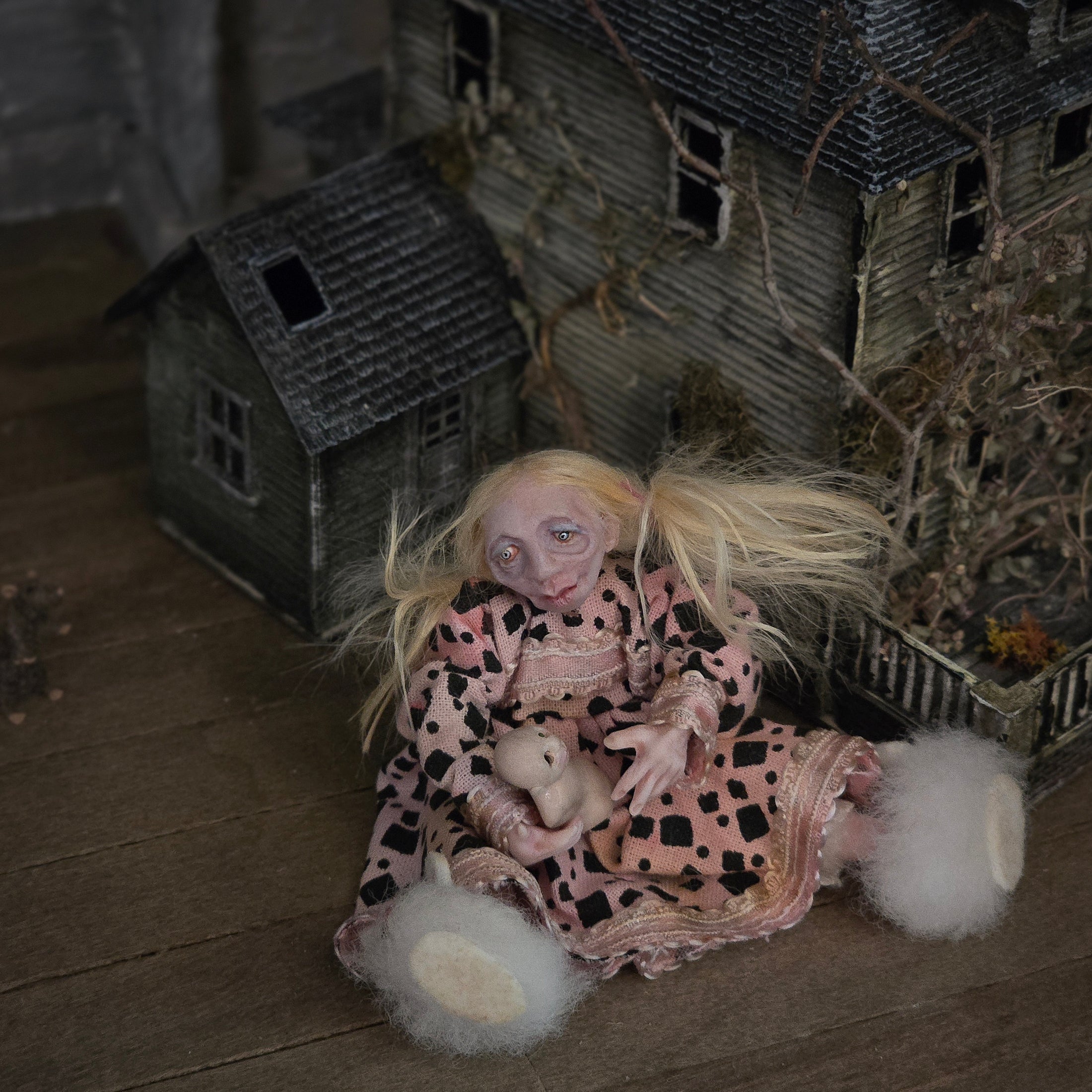 Spooky Seated Little Girl Dollhouse Doll with Strange Baby Dolly OOAK
