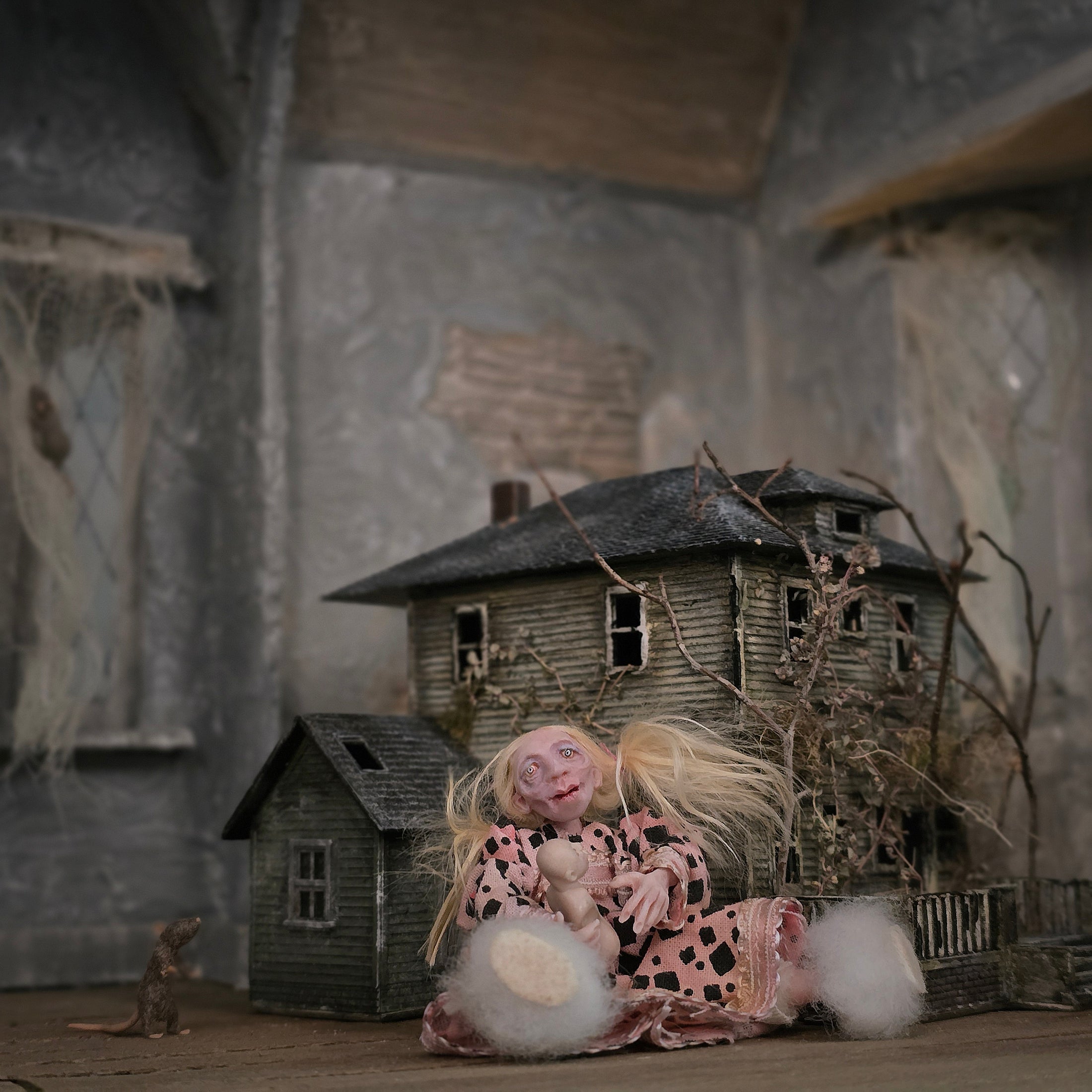 Spooky Seated Little Girl Dollhouse Doll with Strange Baby Dolly OOAK