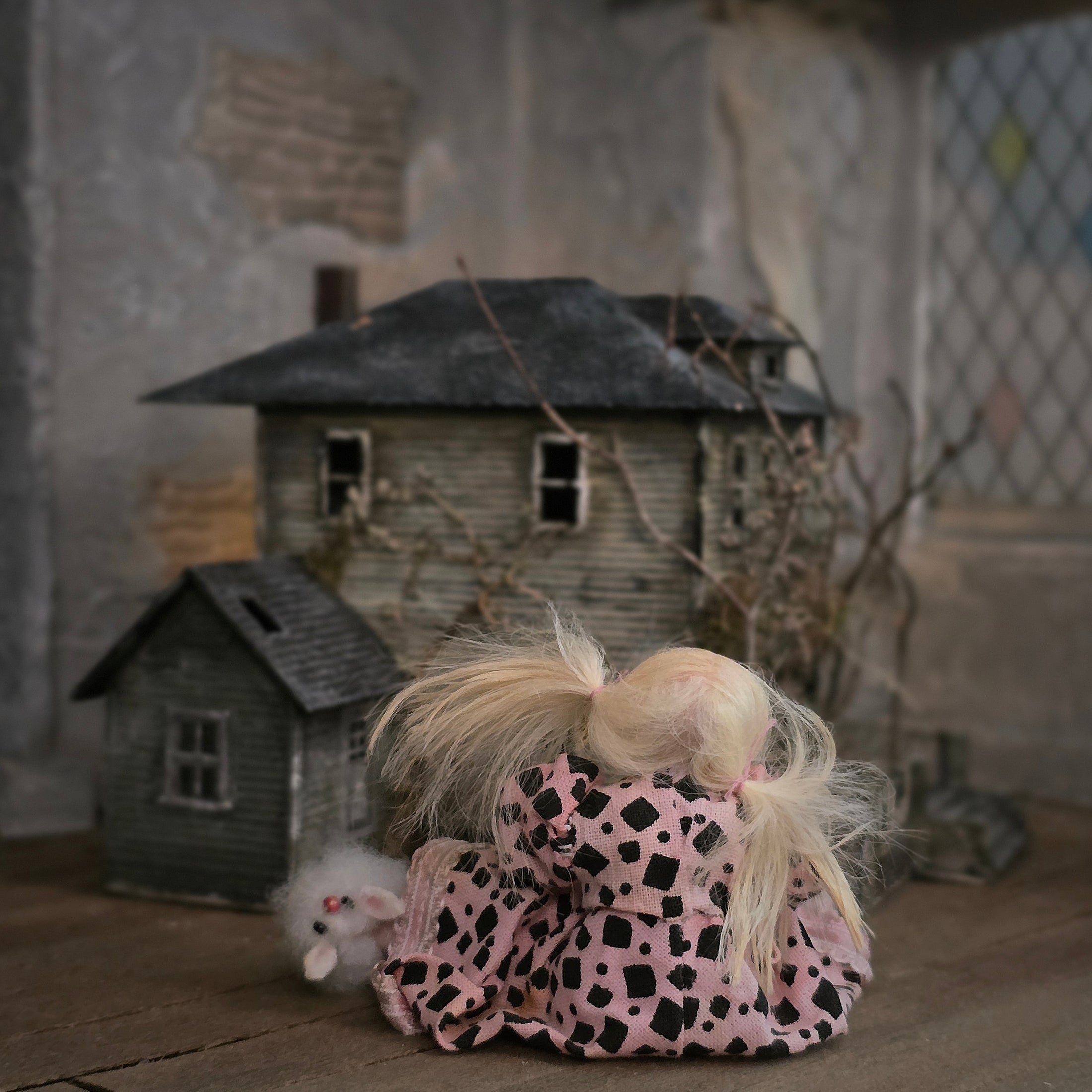 Spooky Seated Little Girl Dollhouse Doll with Strange Baby Dolly OOAK