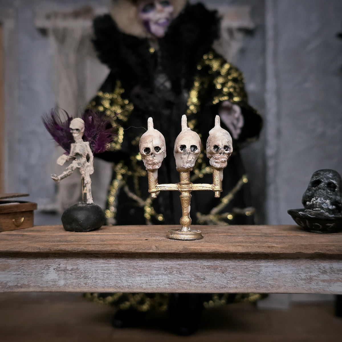 Spooky Skull Candle Candelabra Halloween Dollhouse Miniature
