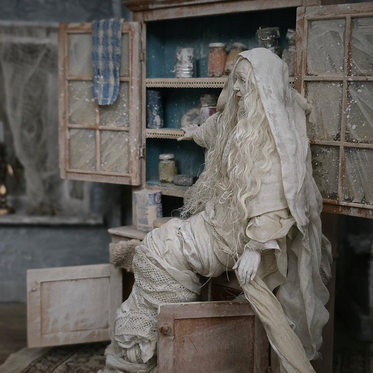 RESERVED RICK The Kitchen Witch Ghost Sculpted Doll & Cabinet Marcia Backstrom OOAK