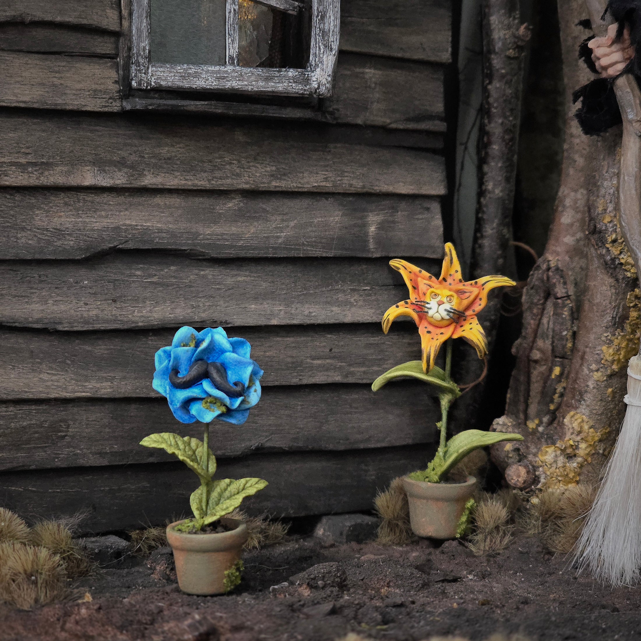 Georgia Marfels Mustached Blue Flower in Pot Dollhouse Miniature
