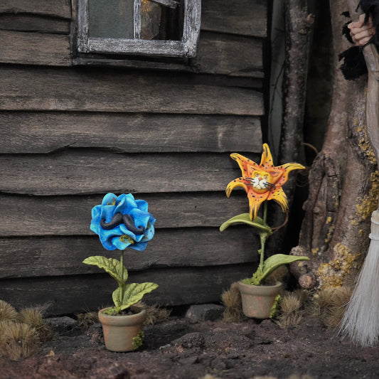 Georgia Marfels Mustached Blue Flower in Pot Dollhouse Miniature