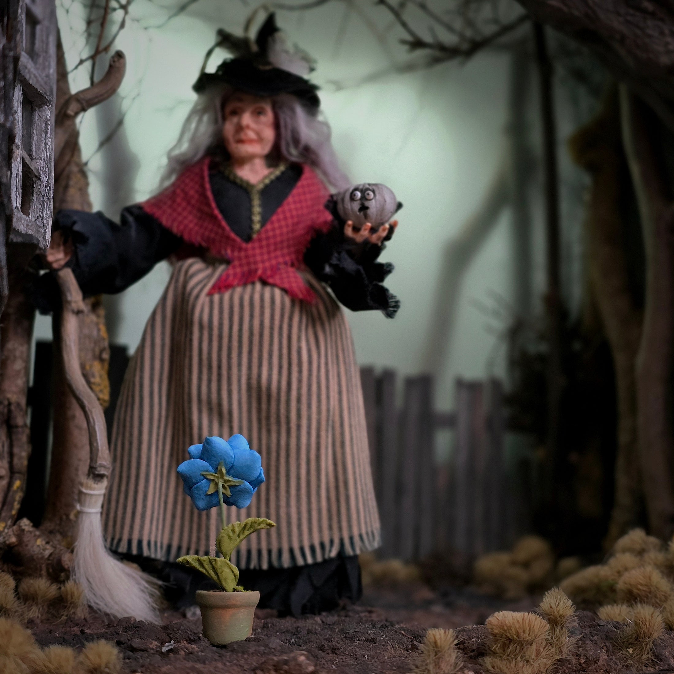 Georgia Marfels Mustached Blue Flower in Pot Dollhouse Miniature