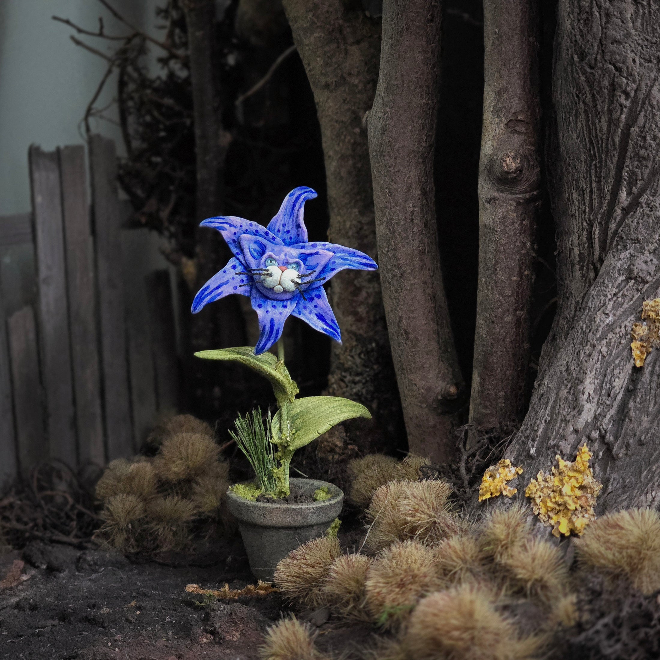 Georgia Marfels Blue Tiger Lily Cat Flower in Pot Dollhouse Miniature