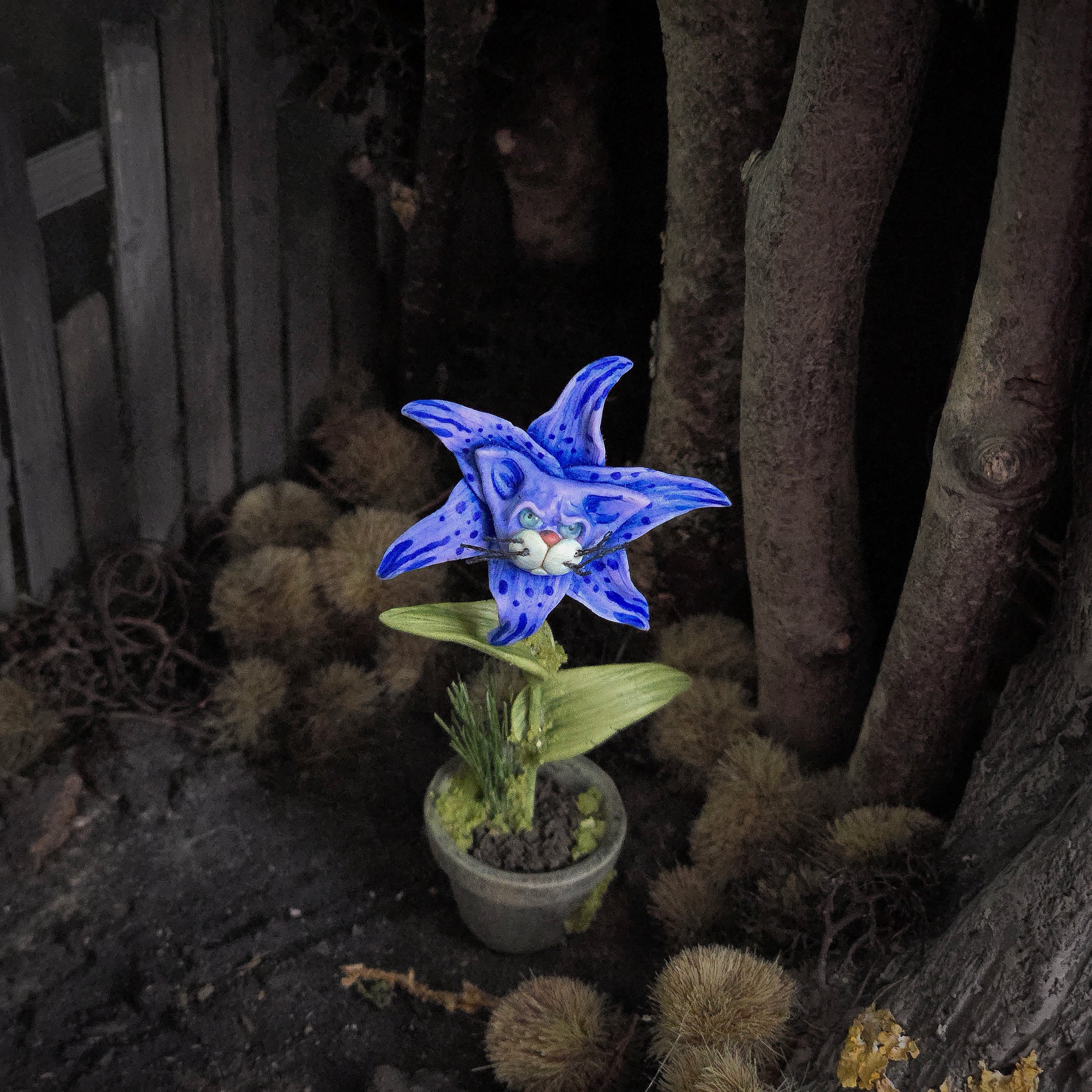 Georgia Marfels Blue Tiger Lily Cat Flower in Pot Dollhouse Miniature