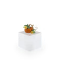 Load image into Gallery viewer, A small decorative figurine of an orange pumpkin with green leaves and yellow flowers, with a brown mouse peeking out from behind it, displayed on a clear acrylic block against a white background.
