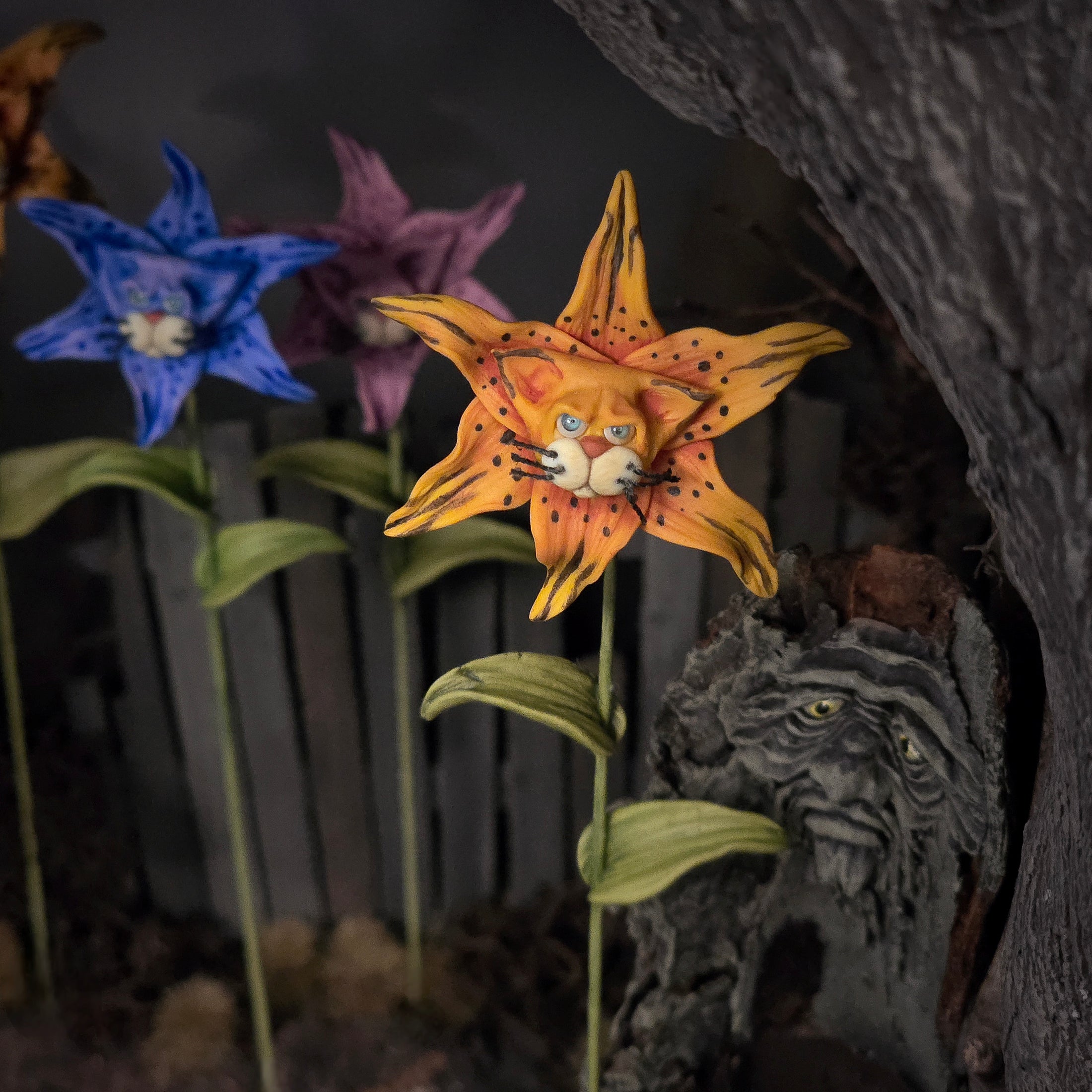Georgia Marfels Orange Tiger Lily Cat Flower with Blue Glass Eyes