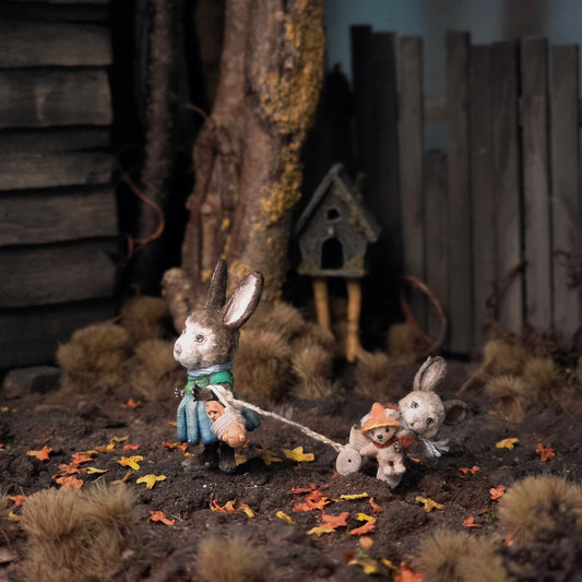 Bunny Girl with Baby Rabbit Fall Pull Cart by Aleah Klay