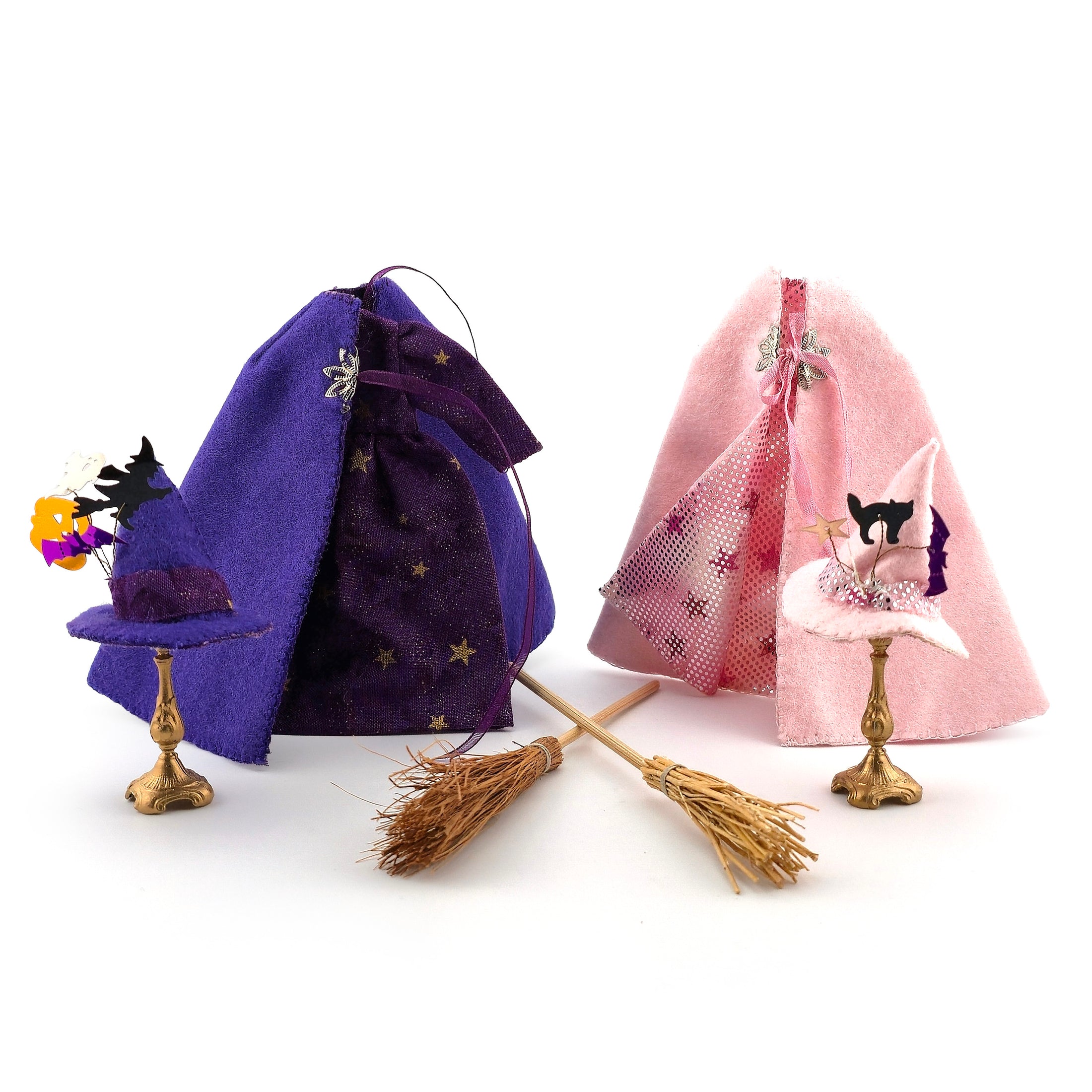 Pair of Miniature Witch Wardrobes with Capes, Hats & Brooms
