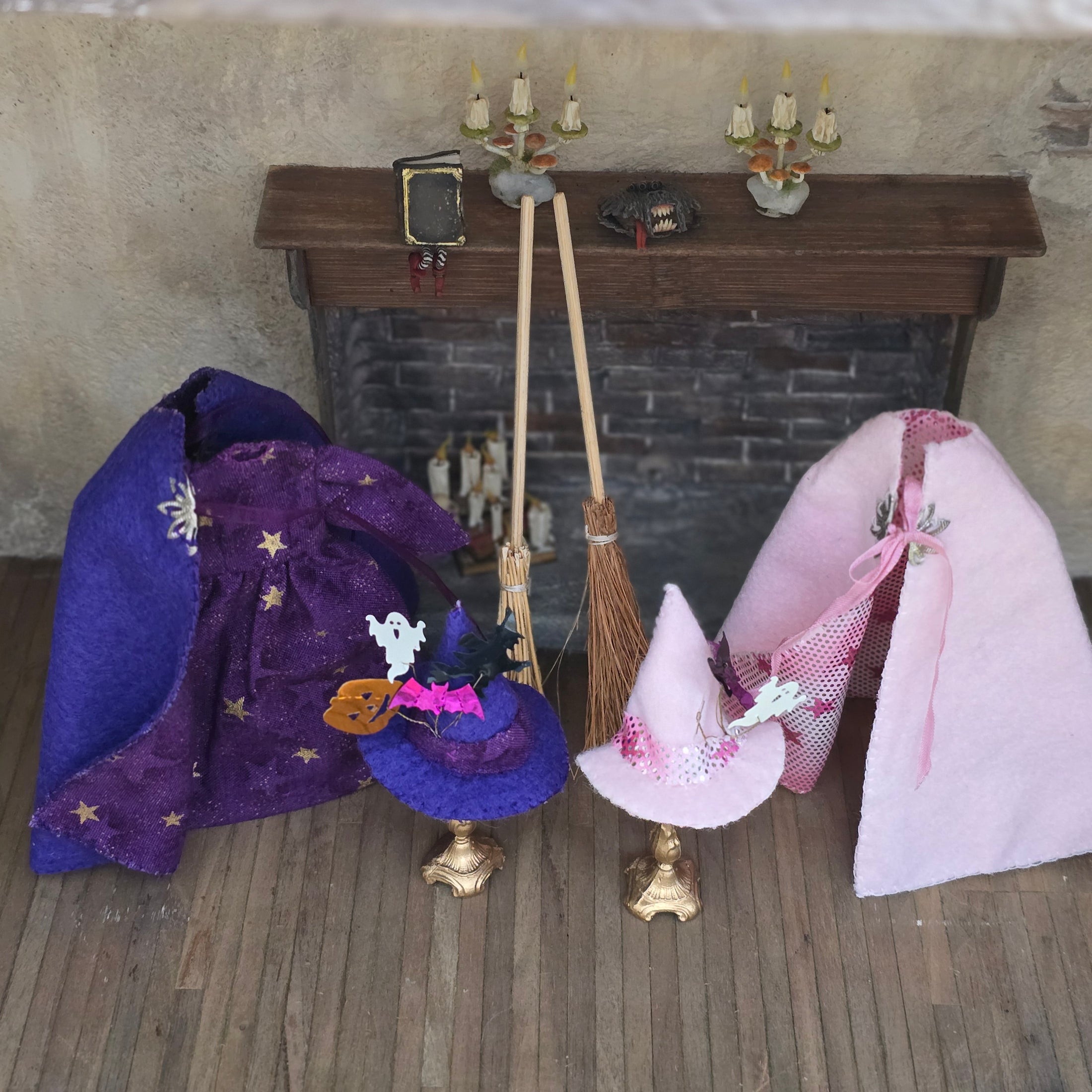 Pair of Miniature Witch Wardrobes with Capes, Hats & Brooms