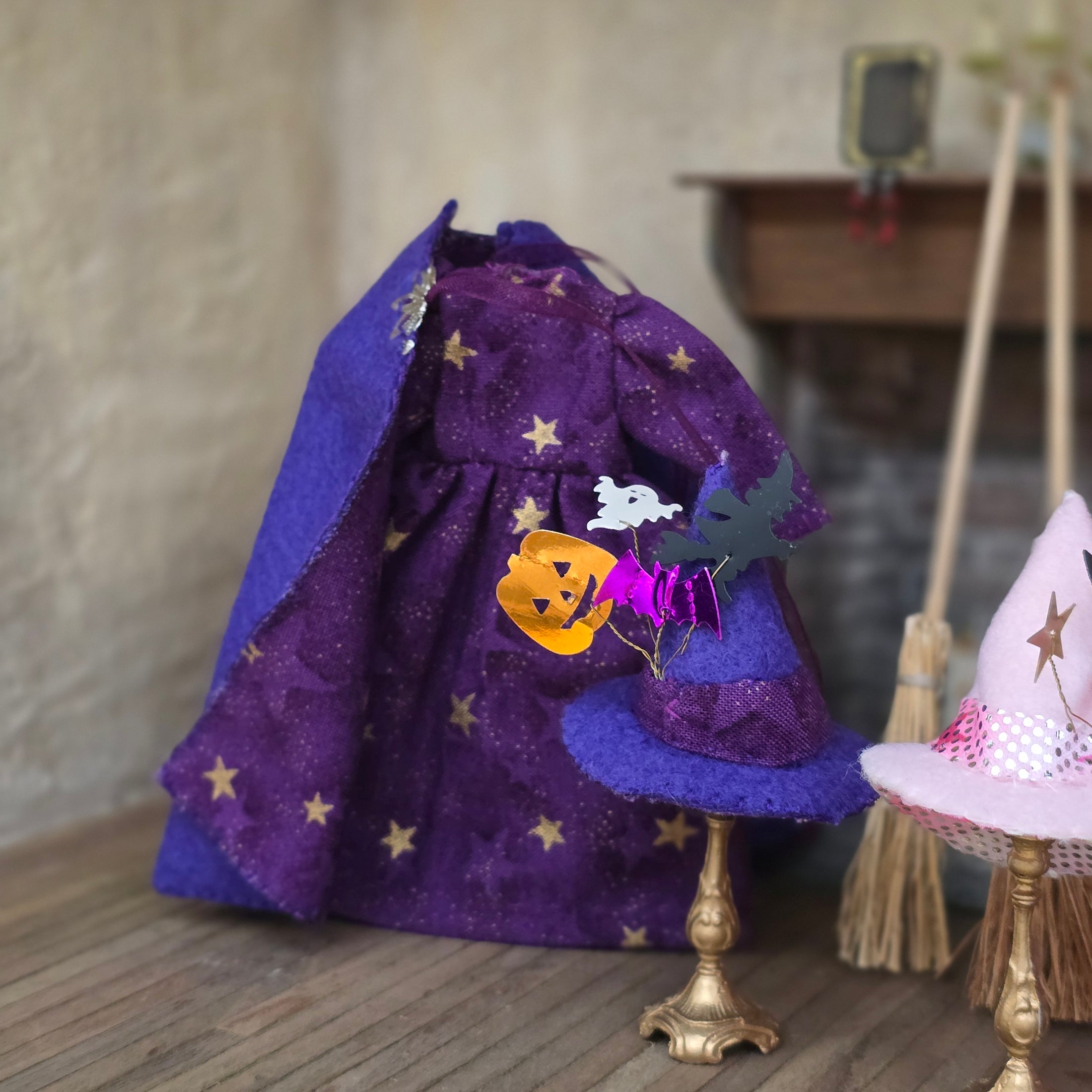 Pair of Miniature Witch Wardrobes with Capes, Hats & Brooms