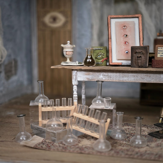 Miniature Laboratory Glassware Collection with Test Tube Racks
