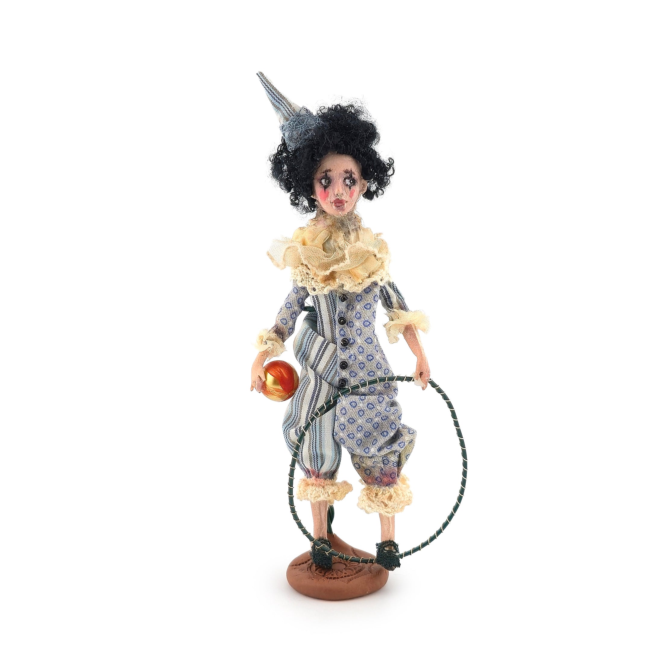 CosyDolls Sad, Moody Circus Clown Dollhouse Doll with Ball & Hoop