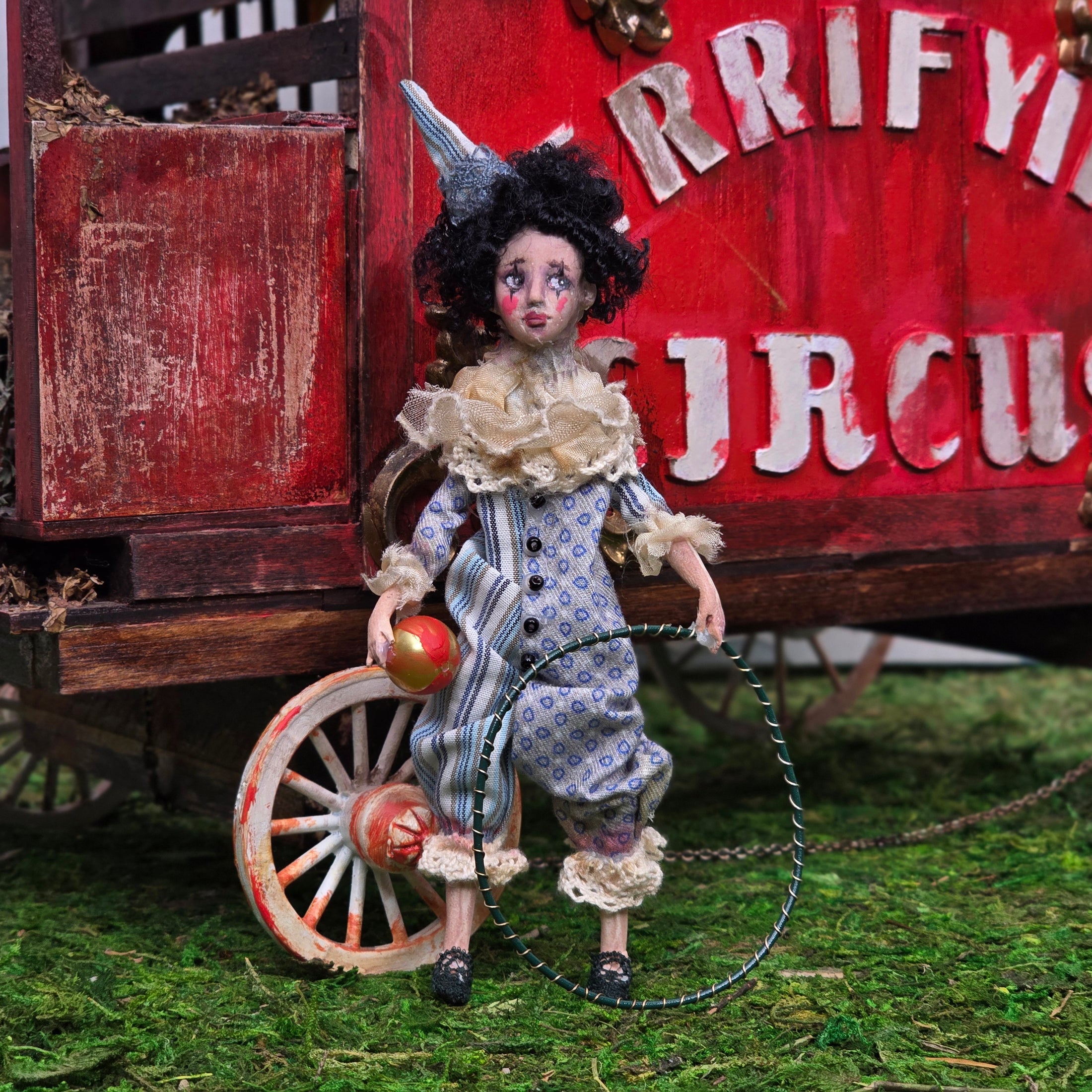 CosyDolls Sad, Moody Circus Clown Dollhouse Doll with Ball & Hoop