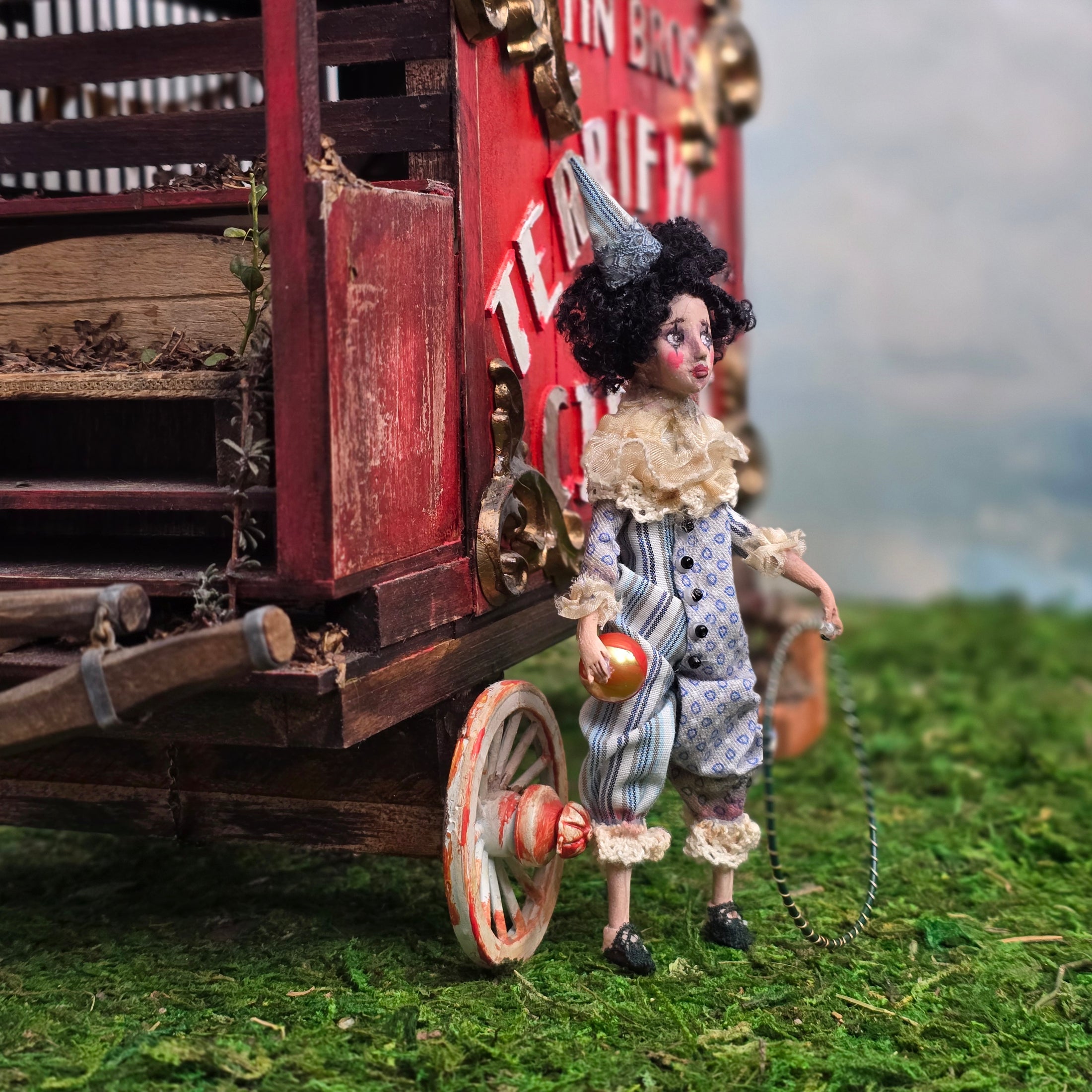CosyDolls Sad, Moody Circus Clown Dollhouse Doll with Ball & Hoop