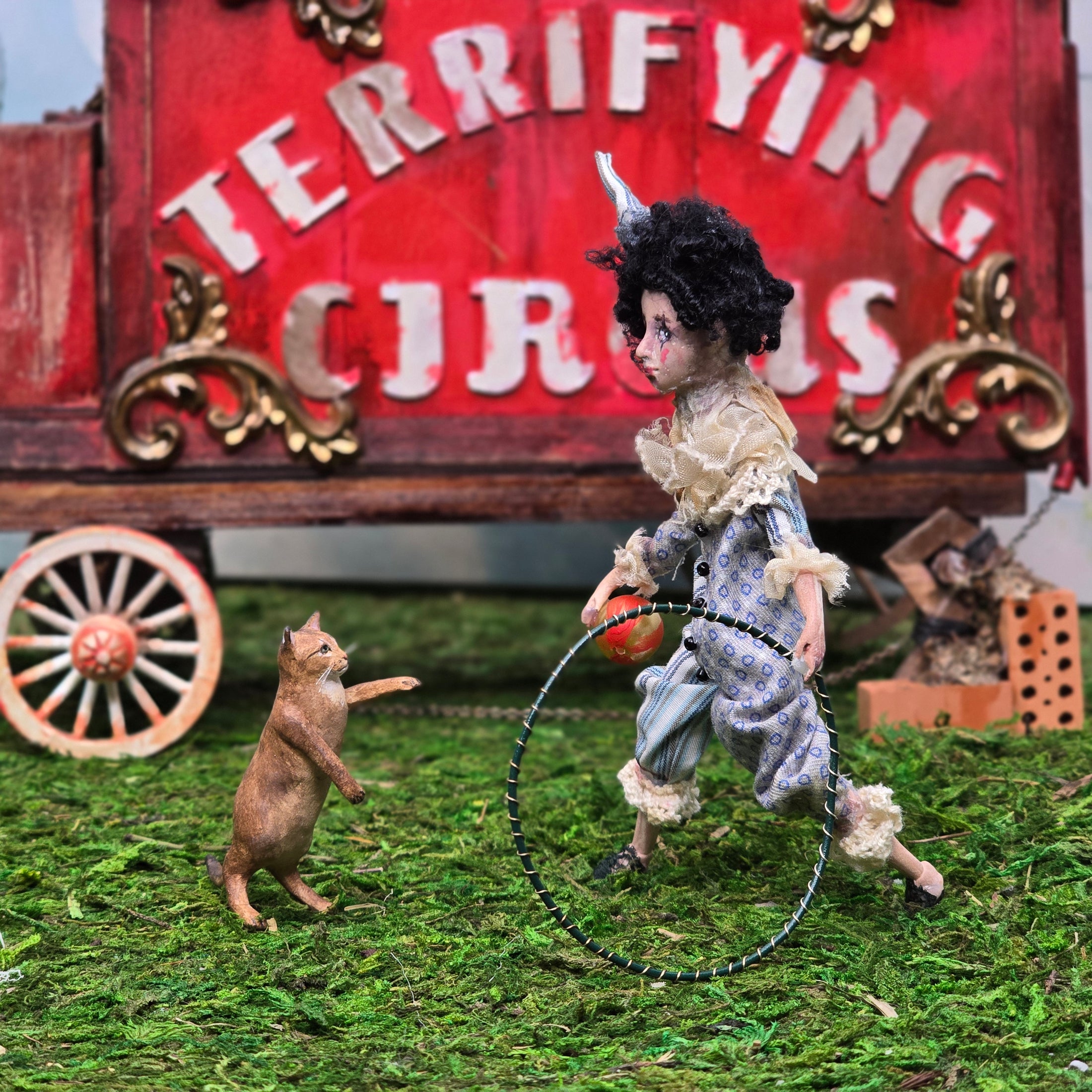 CosyDolls Sad, Moody Circus Clown Dollhouse Doll with Ball & Hoop