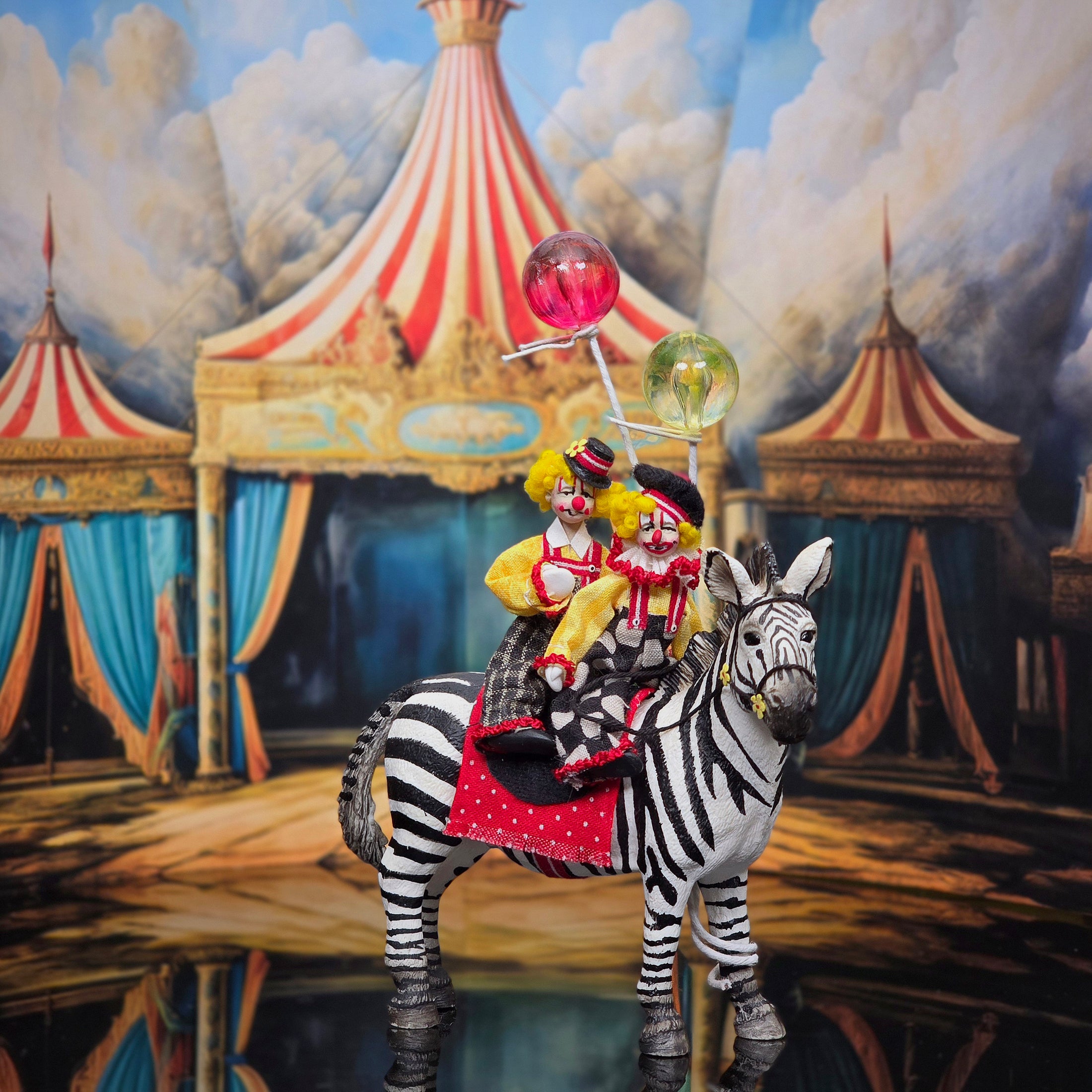 Maureen Thomas OOAK Circus Zebra with Two Child Clown Dolls & Balloons