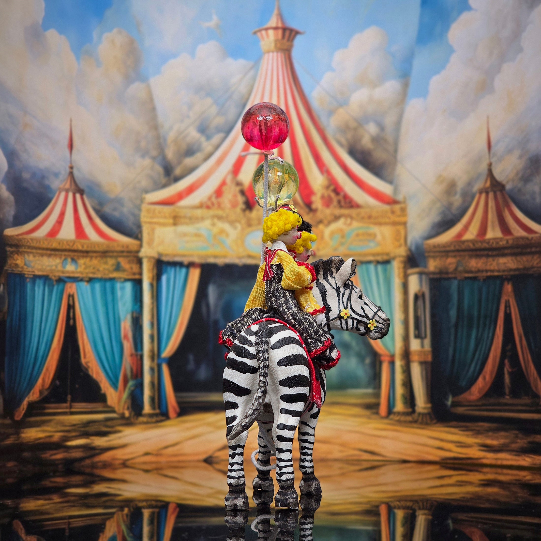 Maureen Thomas OOAK Circus Zebra with Two Child Clown Dolls & Balloons